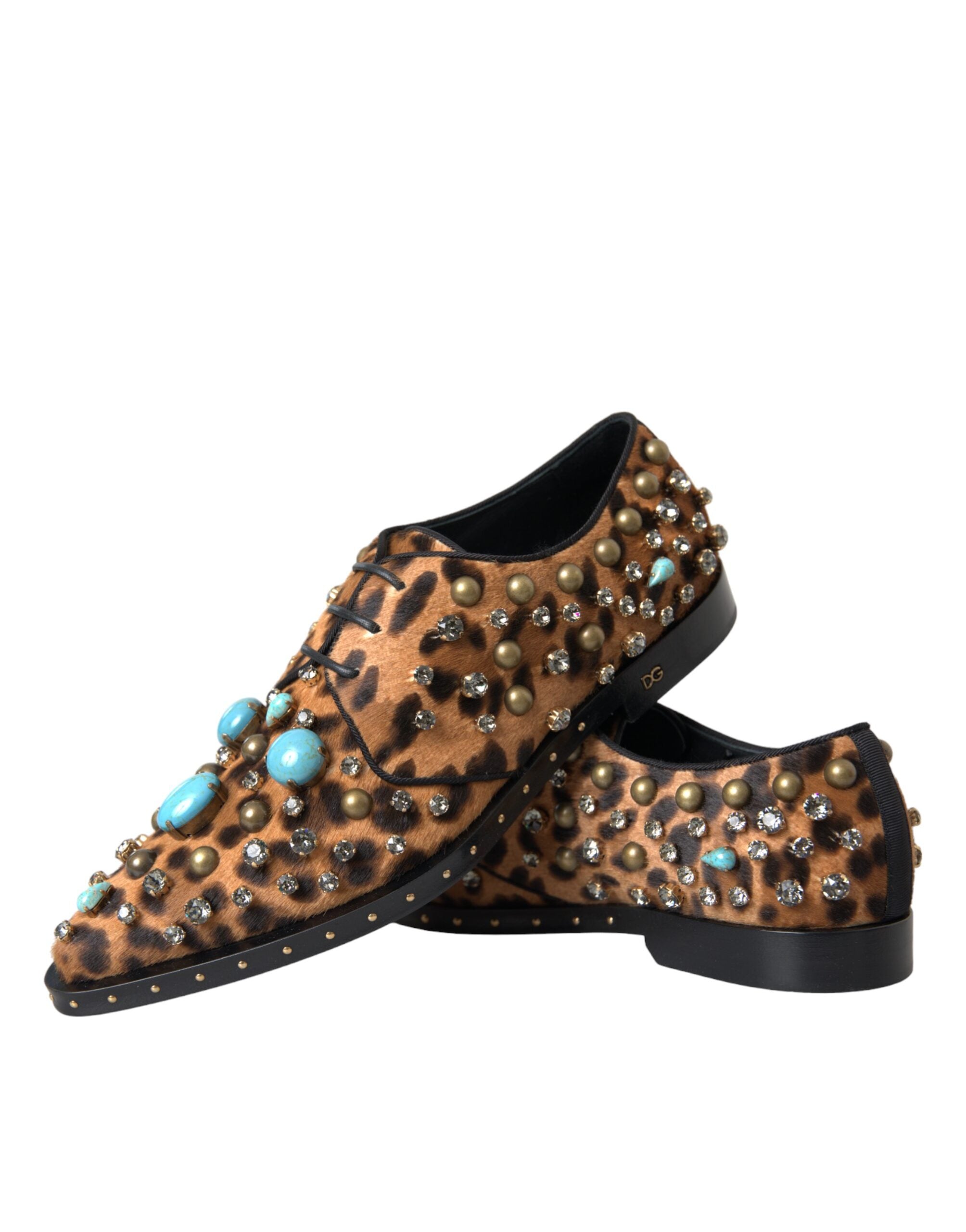Chaussures Dolce & Gabbana en cuir marron à motif léopard avec cristaux, style élégant et sophistiqué.