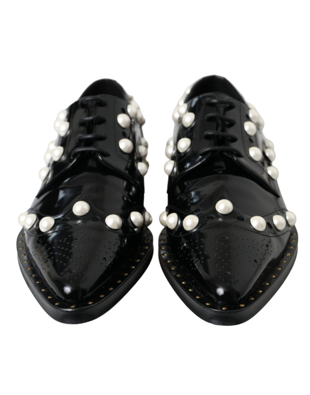 Chaussures Dolce & Gabbana en cuir noir avec perles synthétiques, style brogue élégant.
