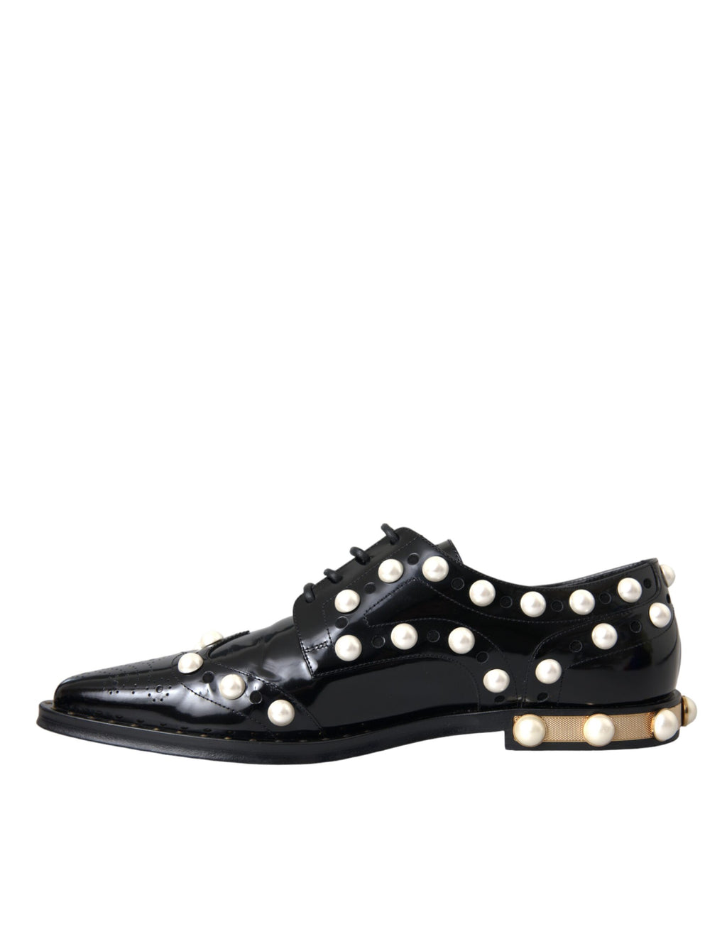 Chaussures Dolce & Gabbana en cuir noir avec perles factices, style broque, pour femme.