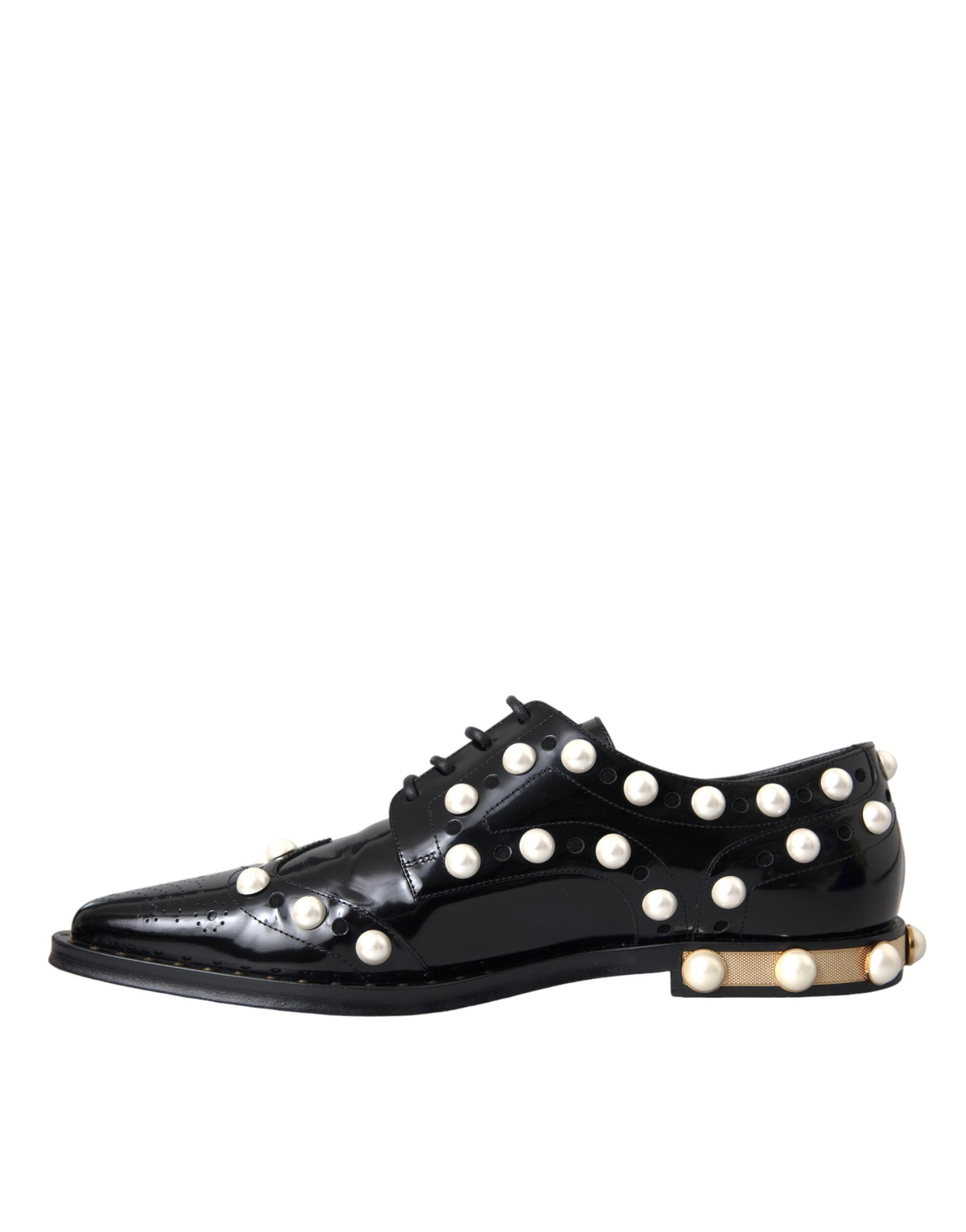 Chaussures Dolce & Gabbana en cuir noir avec perles factices, style broque, pour femme.