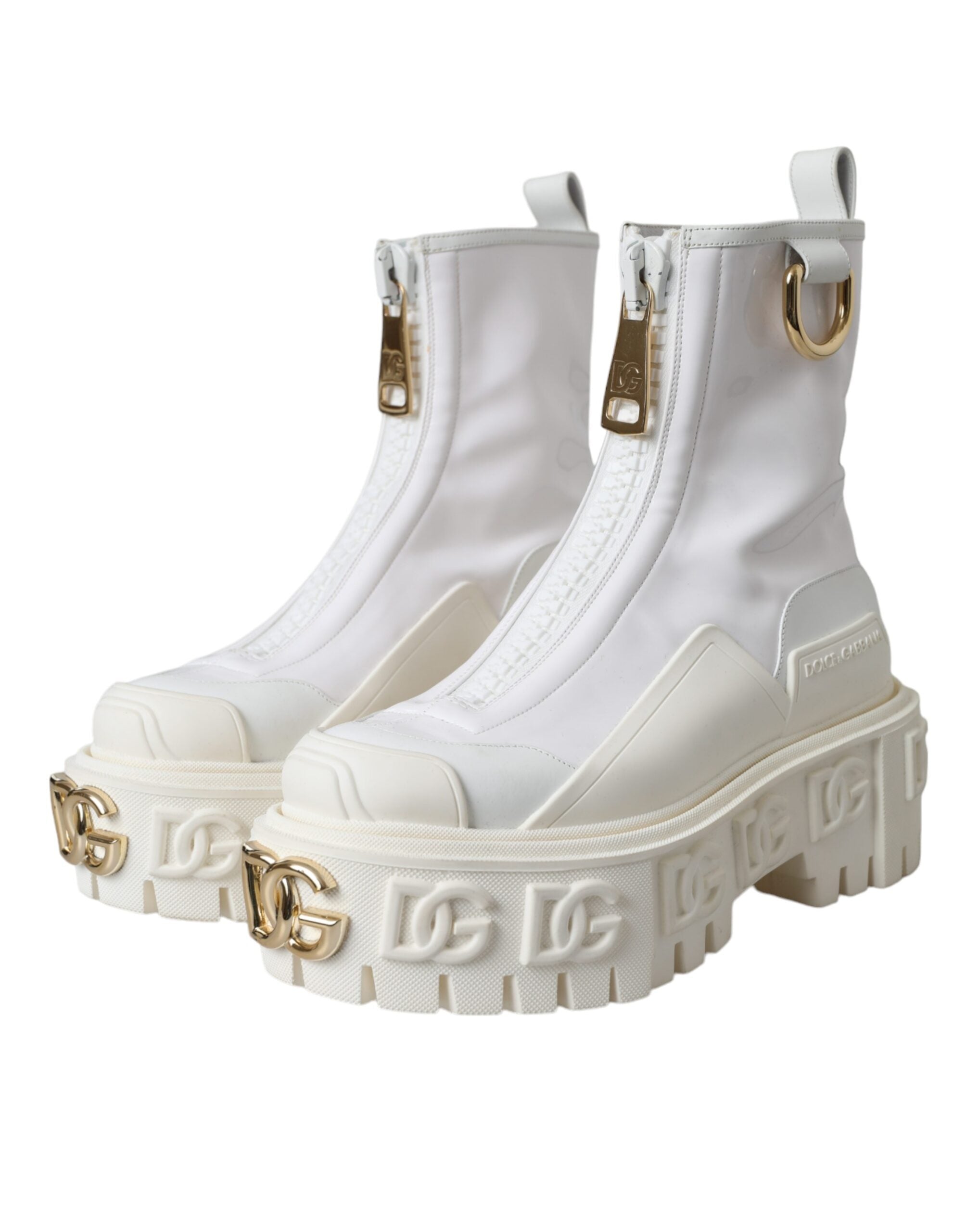 Bottes ankle en cuir blanc avec logo en caoutchouc de Dolce & Gabbana, chaussures élégantes et modernes.