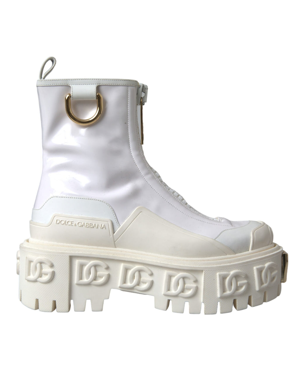 Bottines blanches en cuir et caoutchouc Dolce & Gabbana avec logo, semelle robuste et design élégant pour femmes.