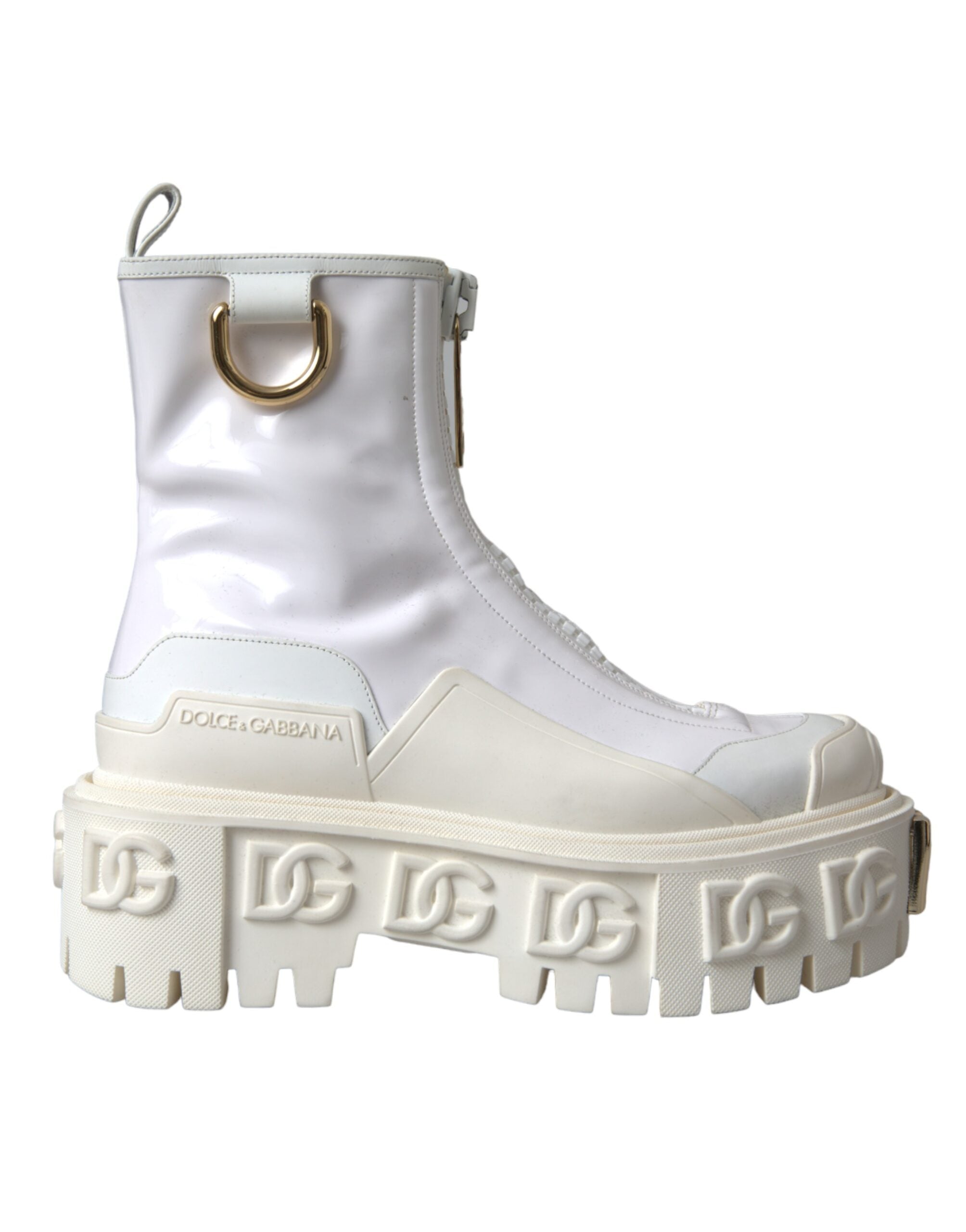 Bottines blanches en cuir et caoutchouc Dolce & Gabbana avec logo, semelle robuste et design élégant pour femmes.