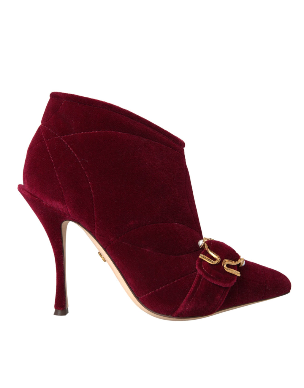 Bottes Dolce & Gabbana en velours rouge foncé avec boucle, chaussures élégantes et sophistiquées pour femme.