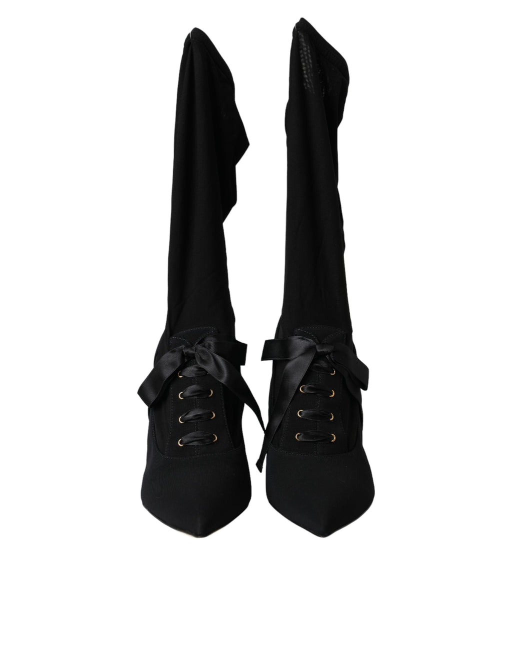 Chaussures Dolce & Gabbana, bottines noires à talons stilettos et mi-mollet, en cuir élégante et sophistiquée.