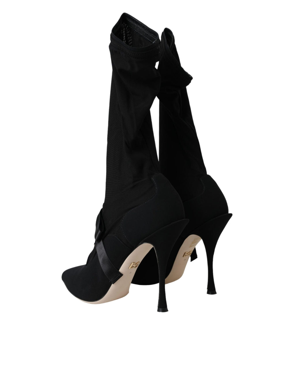 Chaussures Dolce & Gabbana, bottines noires à talons aiguilles stilettos mi-mollet, élégantes et sophistiquées.