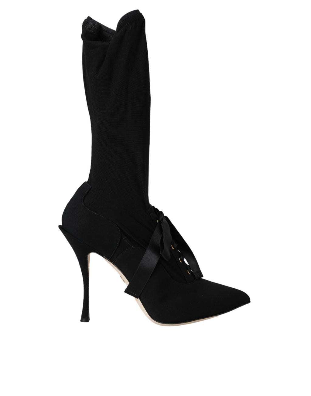Chaussures Dolce & Gabbana bottes hautes à talons stilettos noires, mi-mollet, élégantes et sophistiquées.