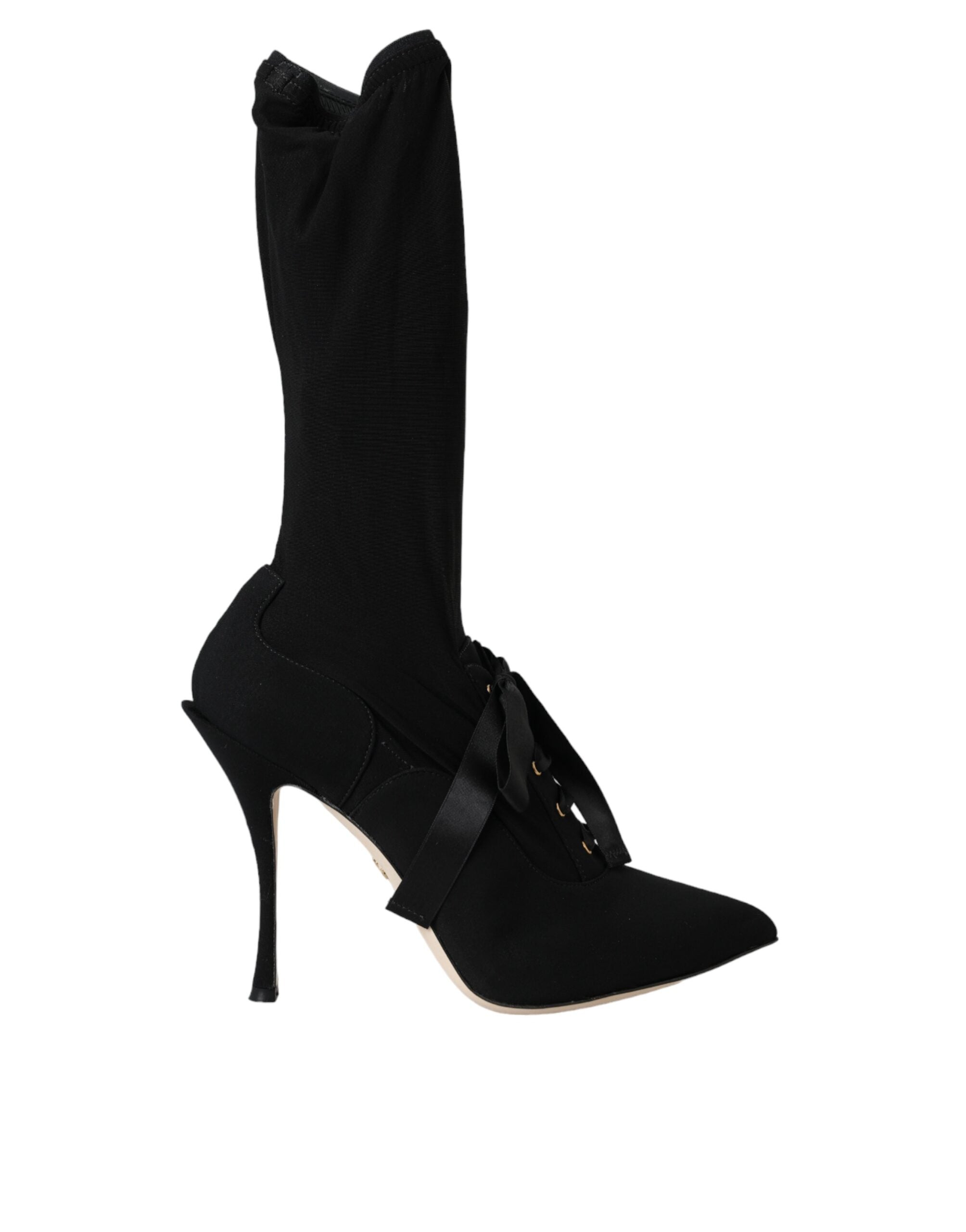 Chaussures Dolce & Gabbana bottes hautes à talons stilettos noires, mi-mollet, élégantes et sophistiquées.