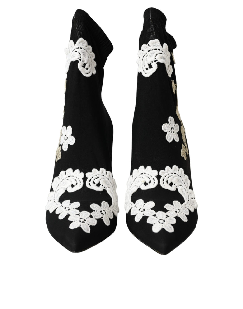 Bottes slip-on noires et blanches Dolce & Gabbana avec broderie élégante, chaussures à la mode pour femmes.