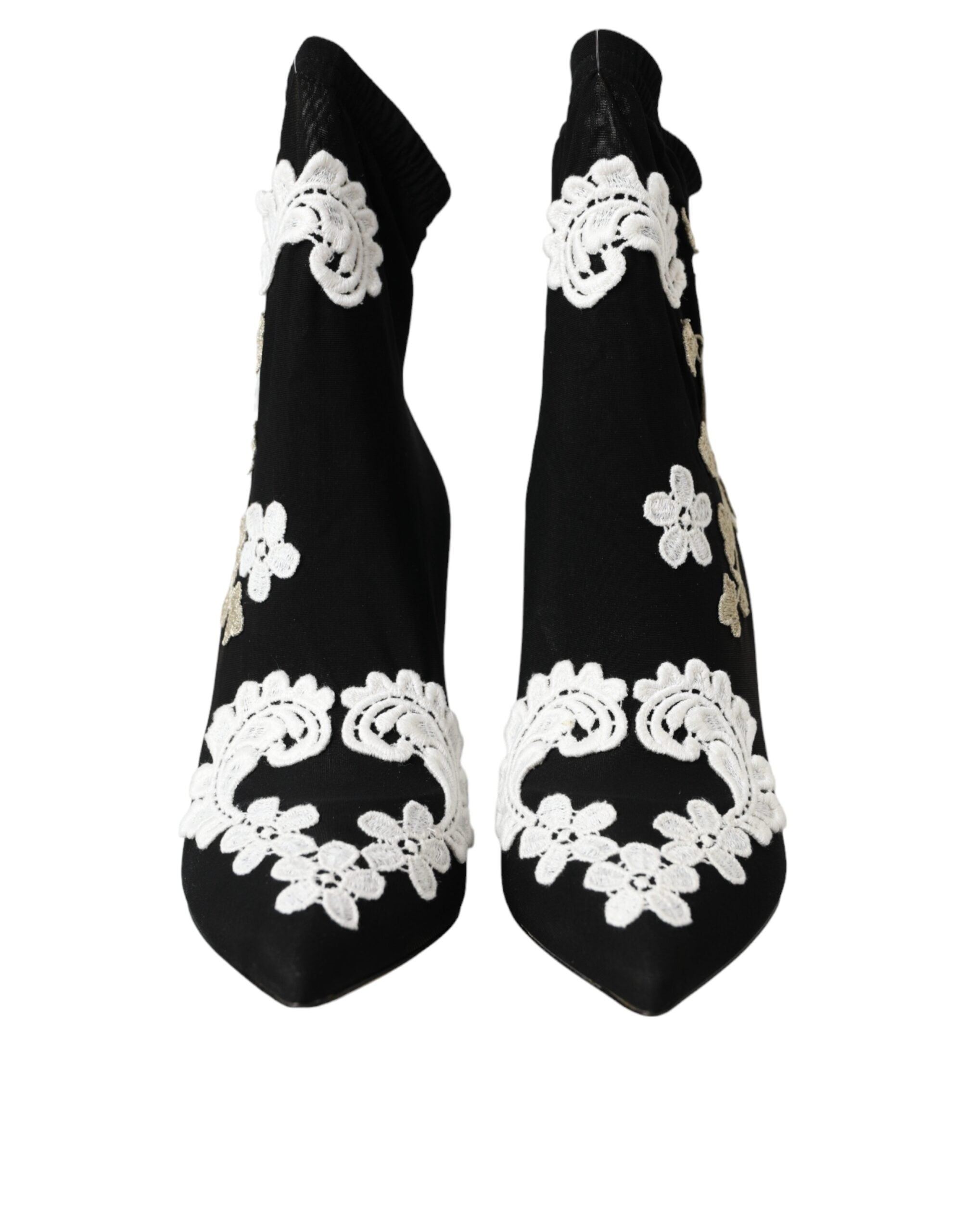 Bottes slip-on noires et blanches Dolce & Gabbana avec broderie élégante, chaussures à la mode pour femmes.