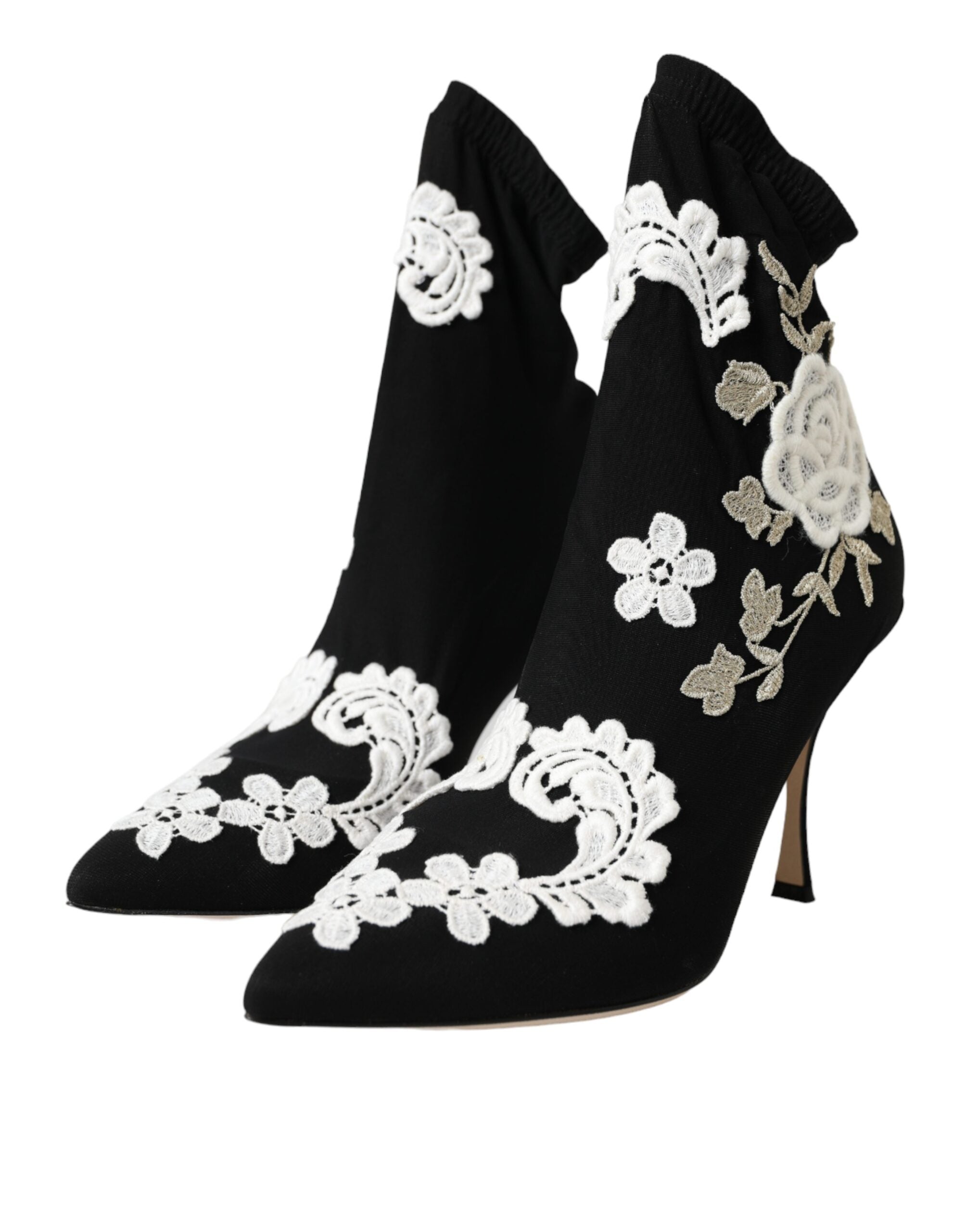 Bottes slip-on Dolce & Gabbana noires et blanches avec broderie, chaussures élégantes en cuir, style chic et moderne