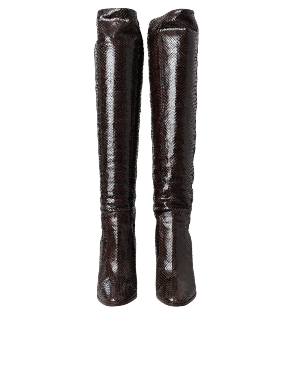 Escarpins à talons en cuir exotique marron de Dolce & Gabbana, bottes hautes élégantes pour femmes, vue de face.