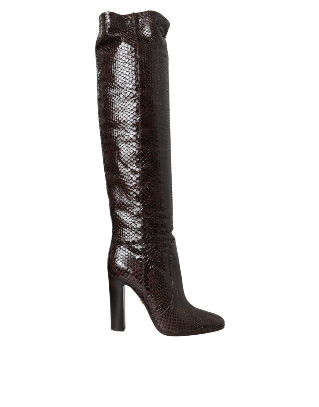 Chaussures à talons en cuir exotique marron de Dolce & Gabbana, bottines hautes élégantes et sophistiquées.