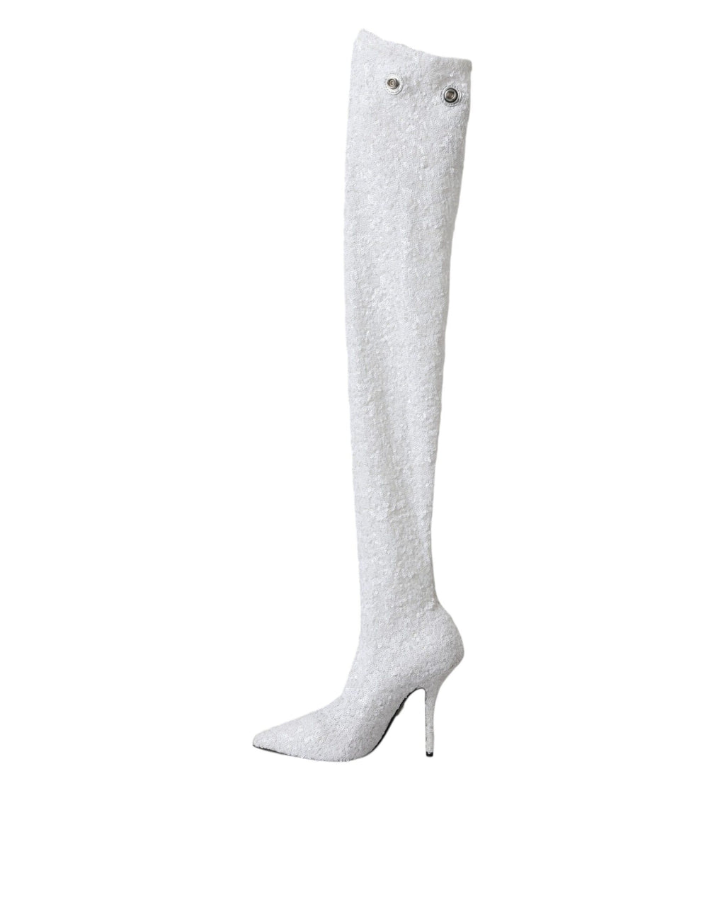 Chaussures à talons stilettos blanches Dolce & Gabbana, bottes hautes jusqu'aux genoux, élégantes et sophistiquées.