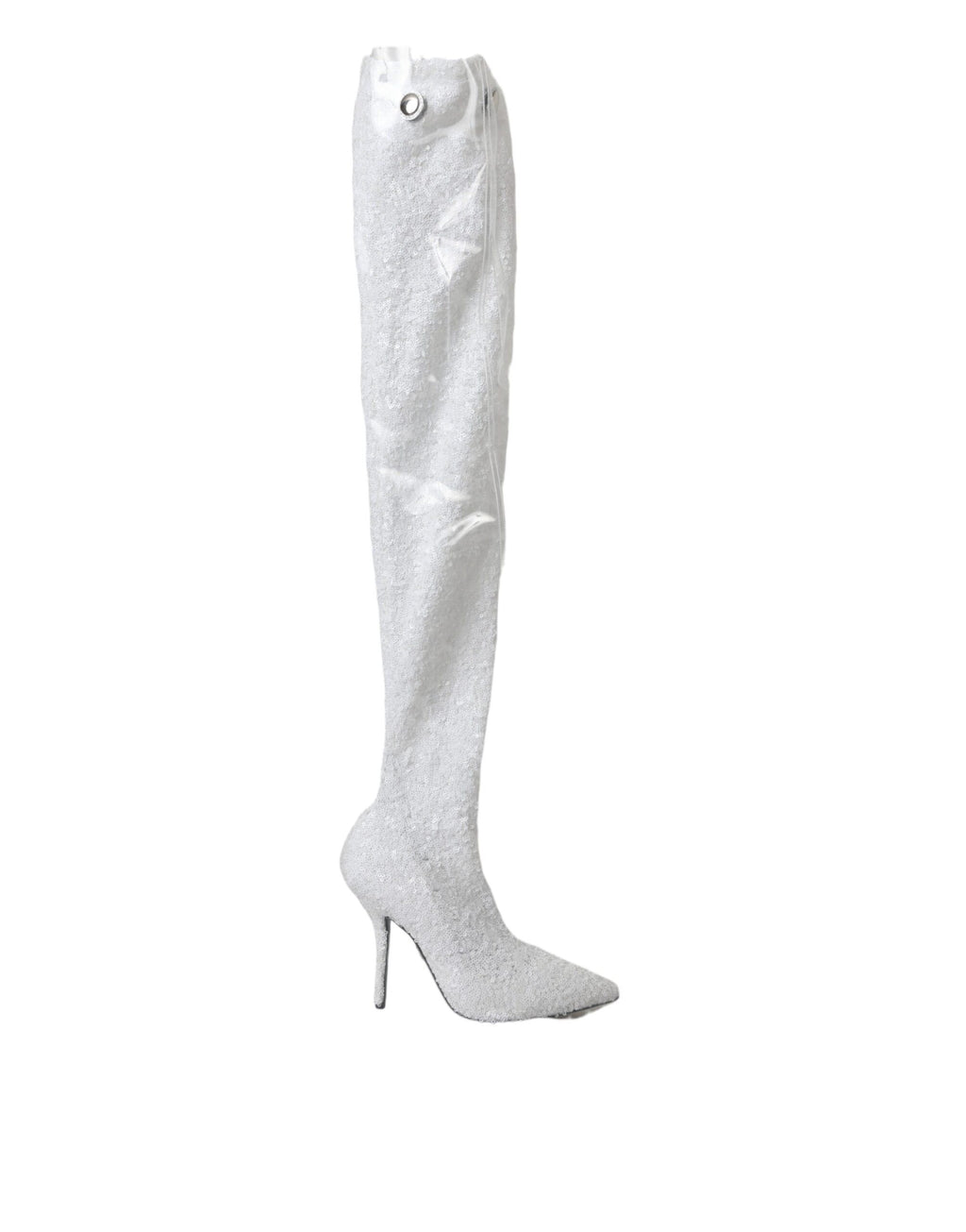 Chaussures Dolce & Gabbana, bottes hautes à talons aiguilles blanches en cuir, style élégant et sophistiqué.