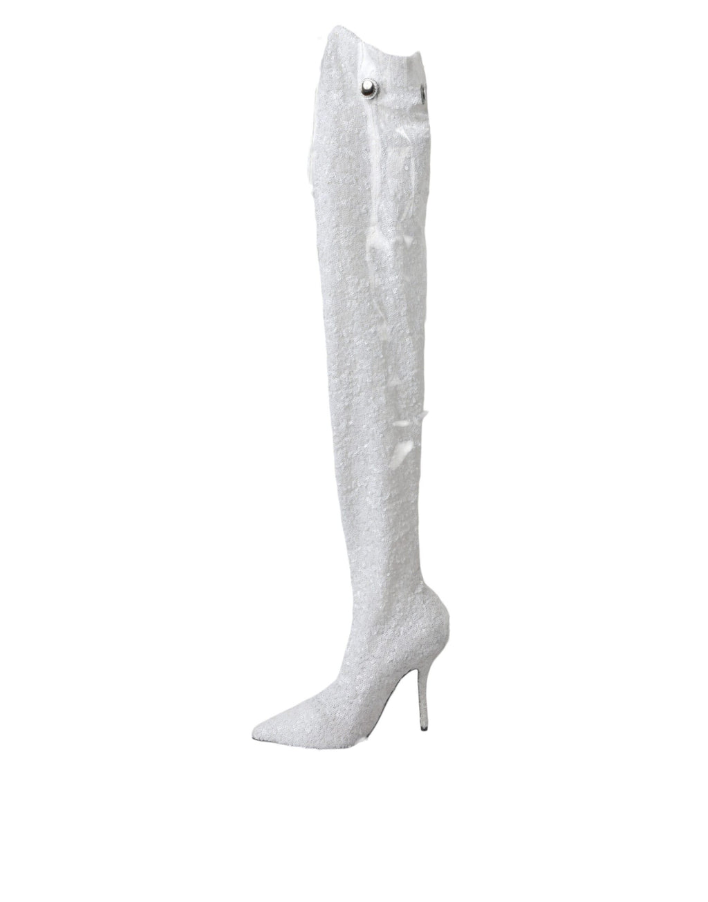 Chaussures Dolce & Gabbana, bottes hautes à talons stilettos blanches, style élégant et sophistiqué, vue de face.