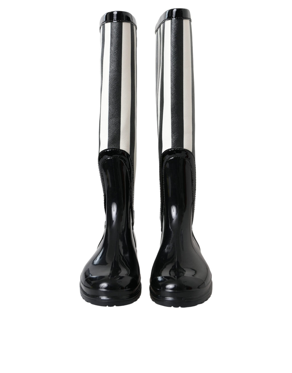 Bottes femmes en caoutchouc noir Dolce & Gabbana, hautes jusqu'aux genoux, chaussures plates élégantes et modernes.
