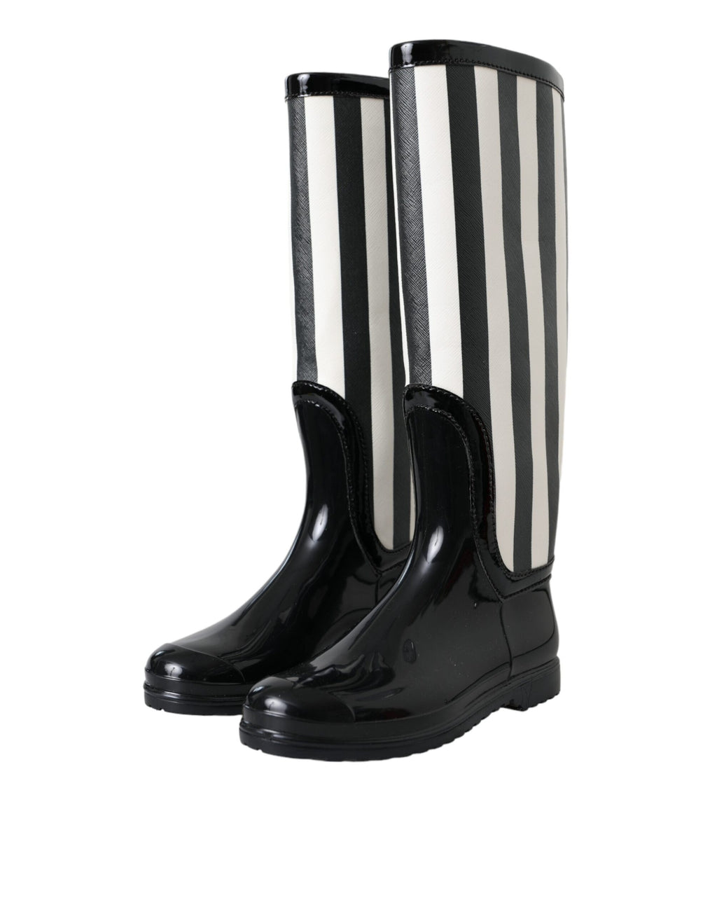 Bottes noires en caoutchouc Dolce & Gabbana, bottes hautes plates, chaussures élégantes pour femme.