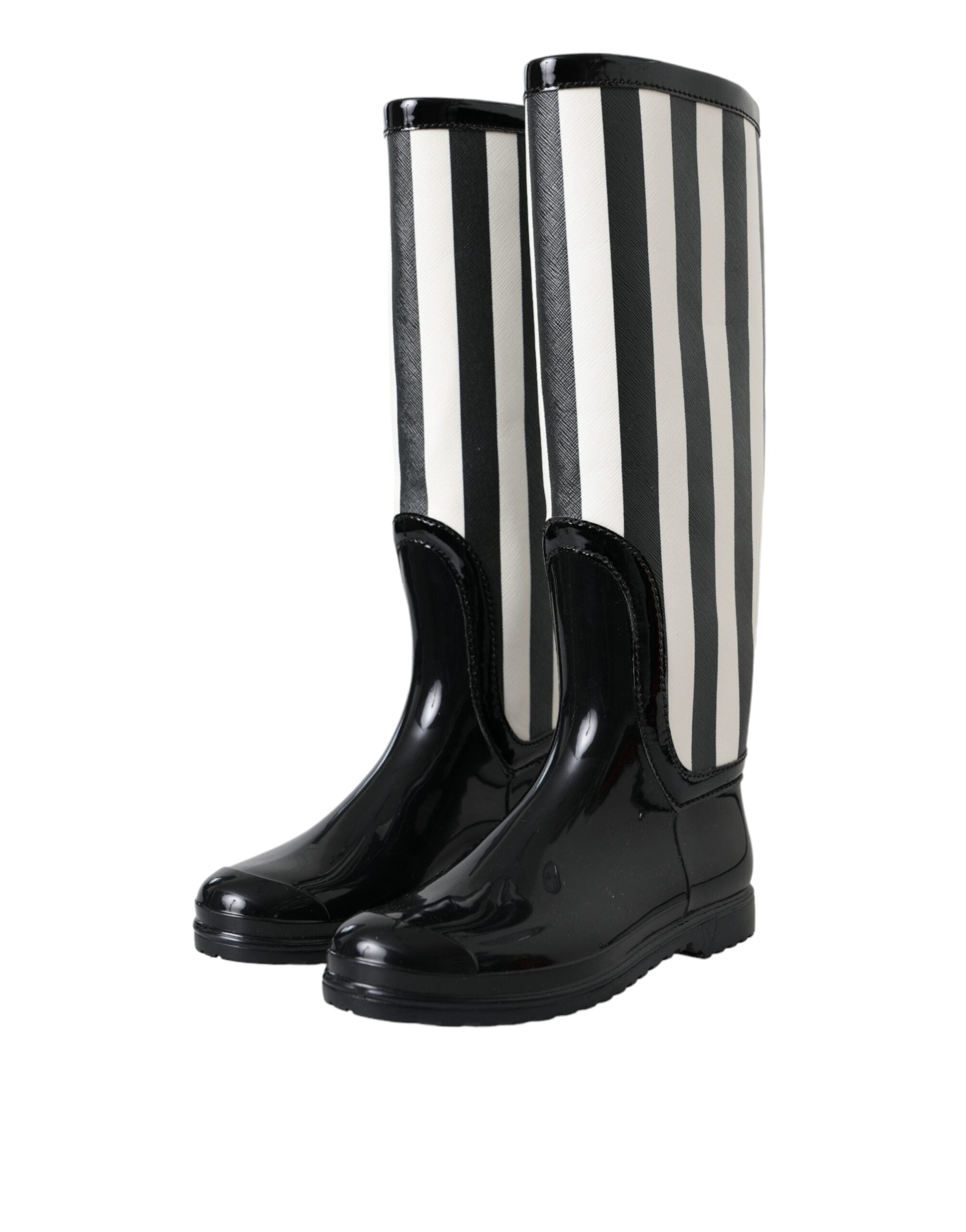 Bottes noires en caoutchouc Dolce & Gabbana, bottes hautes plates, chaussures élégantes pour femme.