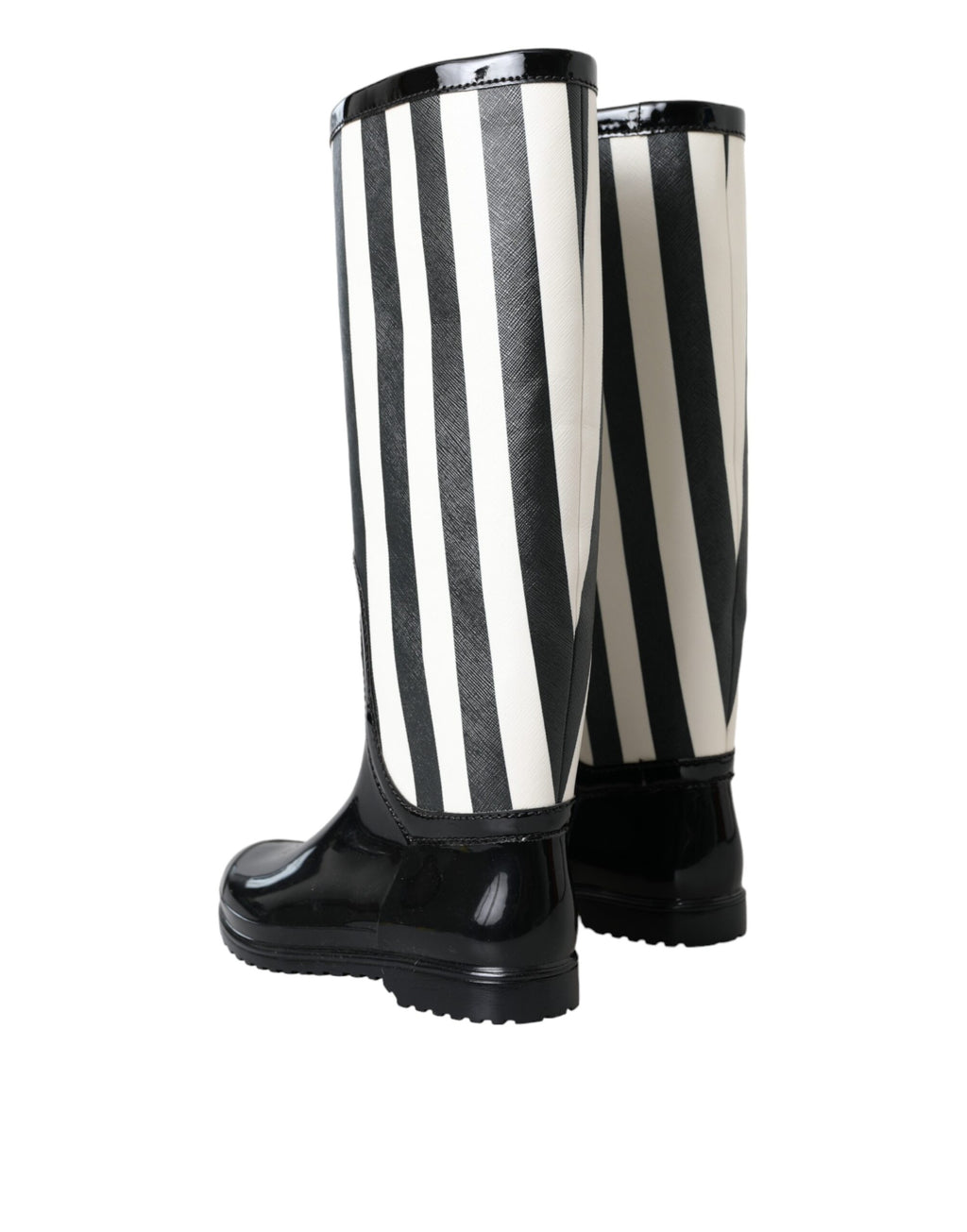 Bottes noires en caoutchouc Dolce & Gabbana, à hauteur du genou, avec semelle plate et design élégant.
