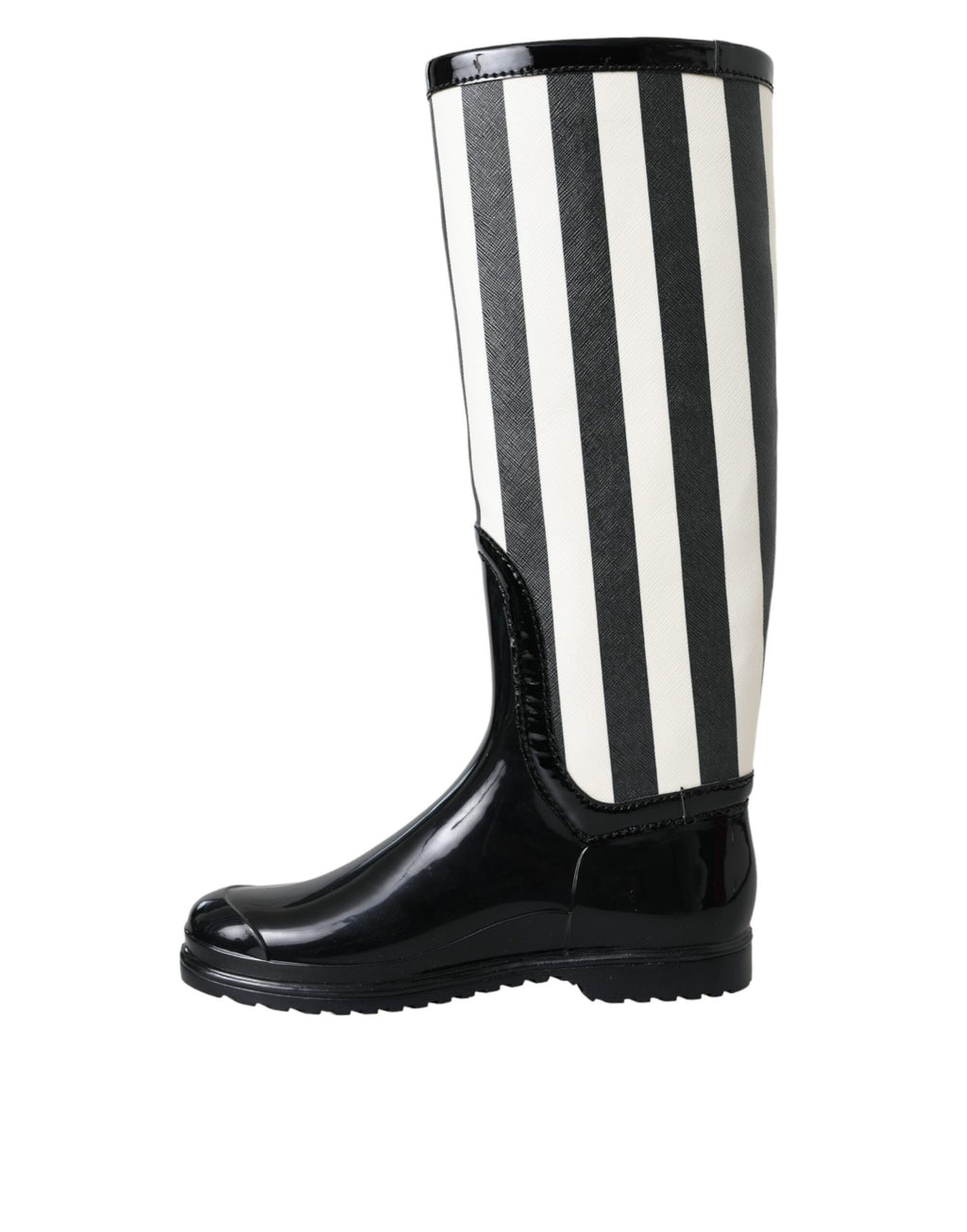 Bottes plates en caoutchouc noir Dolce & Gabbana, hautes jusqu'au genou, avec semelle plate et design élégant.