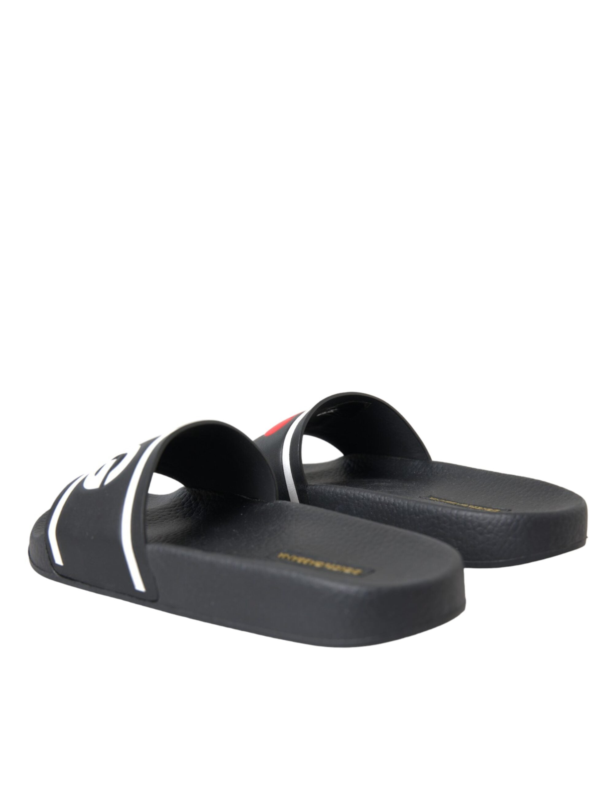 Sandales Dolce & Gabbana en cuir noir avec inscription "I Love D&G", chaussures slides élégantes et confortables.