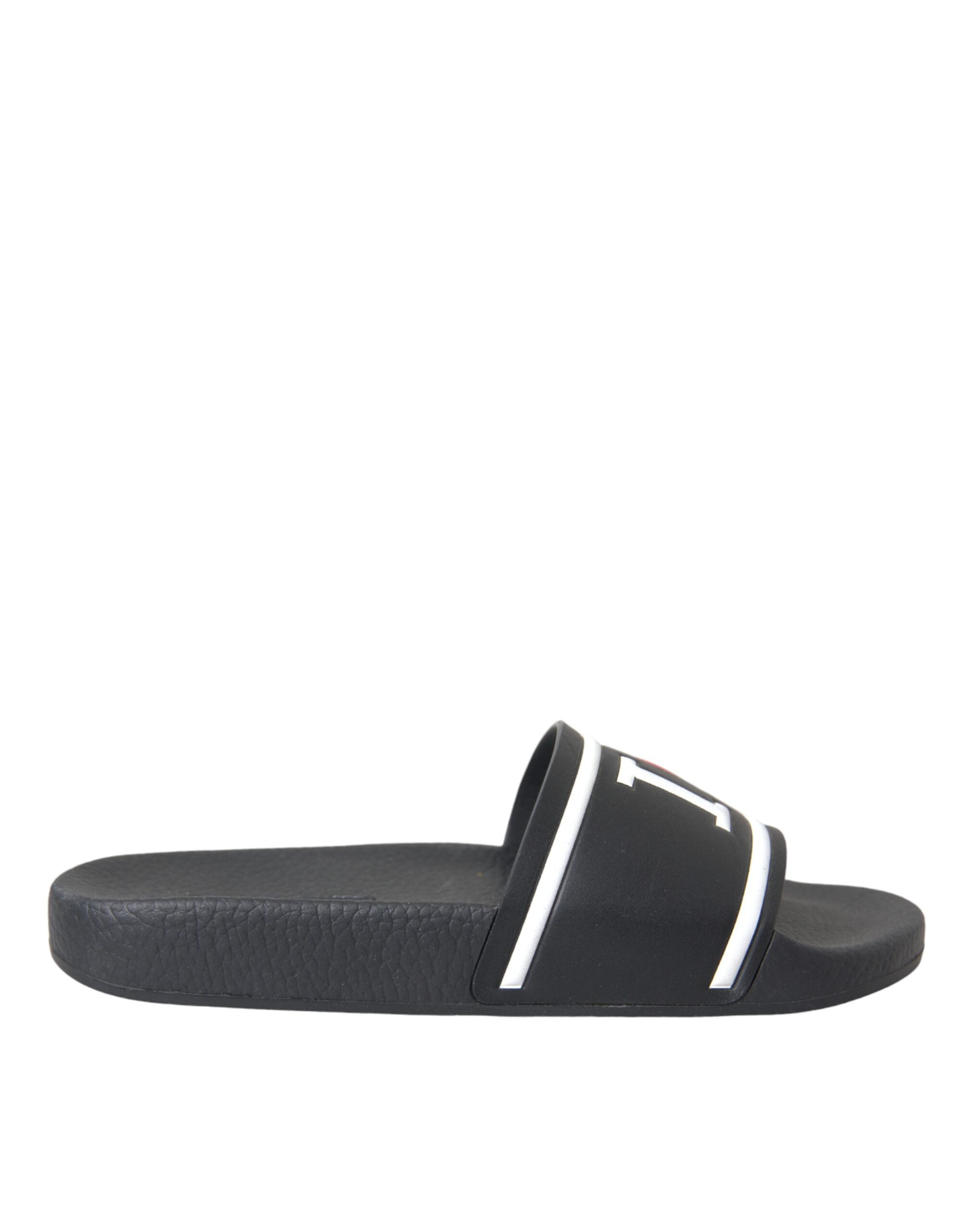 Sandales Dolce & Gabbana en cuir noir I Love D&G, slides confortables pour femmes, vues de face.