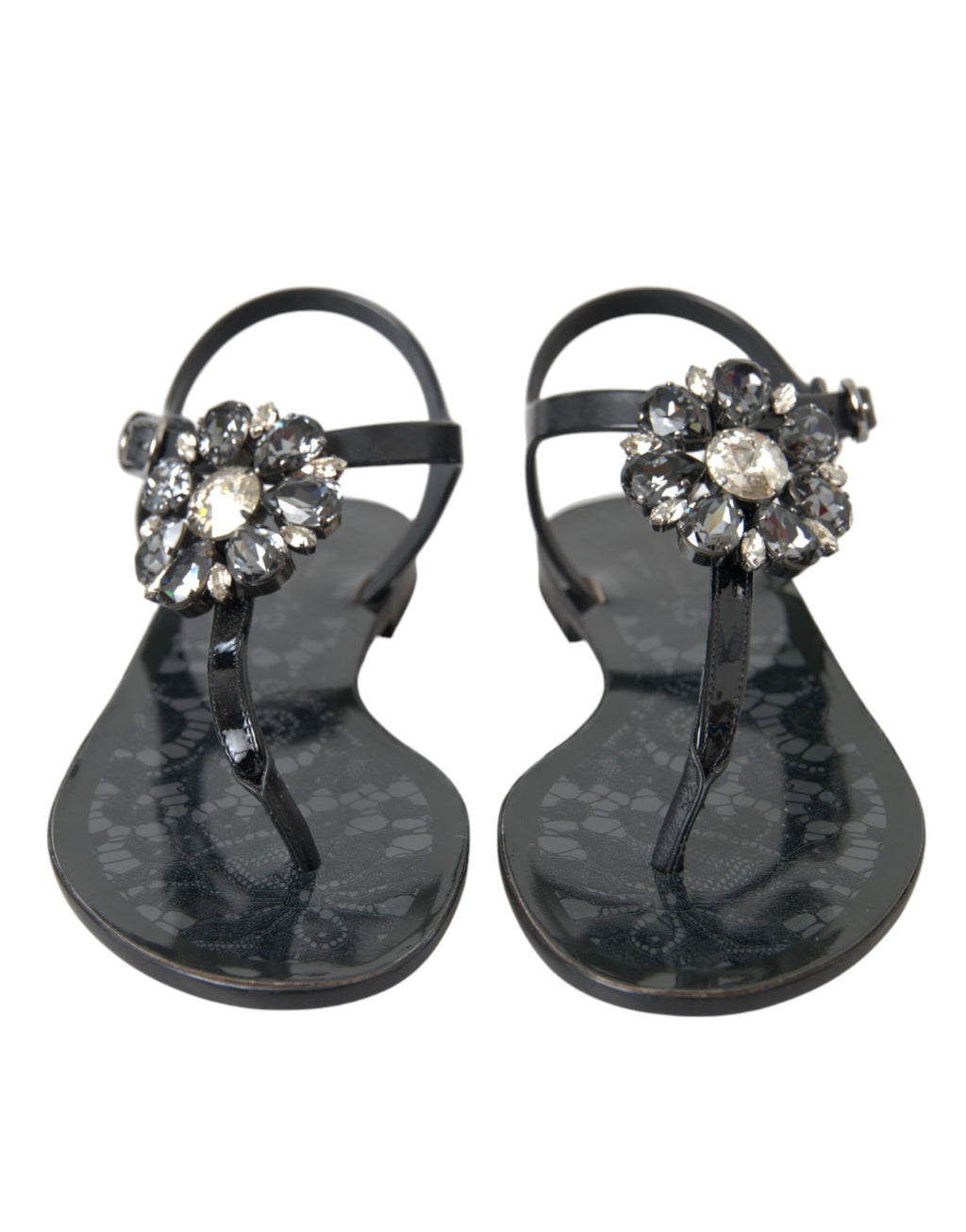 Sandales plates noires Dolce & Gabbana avec cristaux, chaussures d'été élégantes et confortables pour femmes.