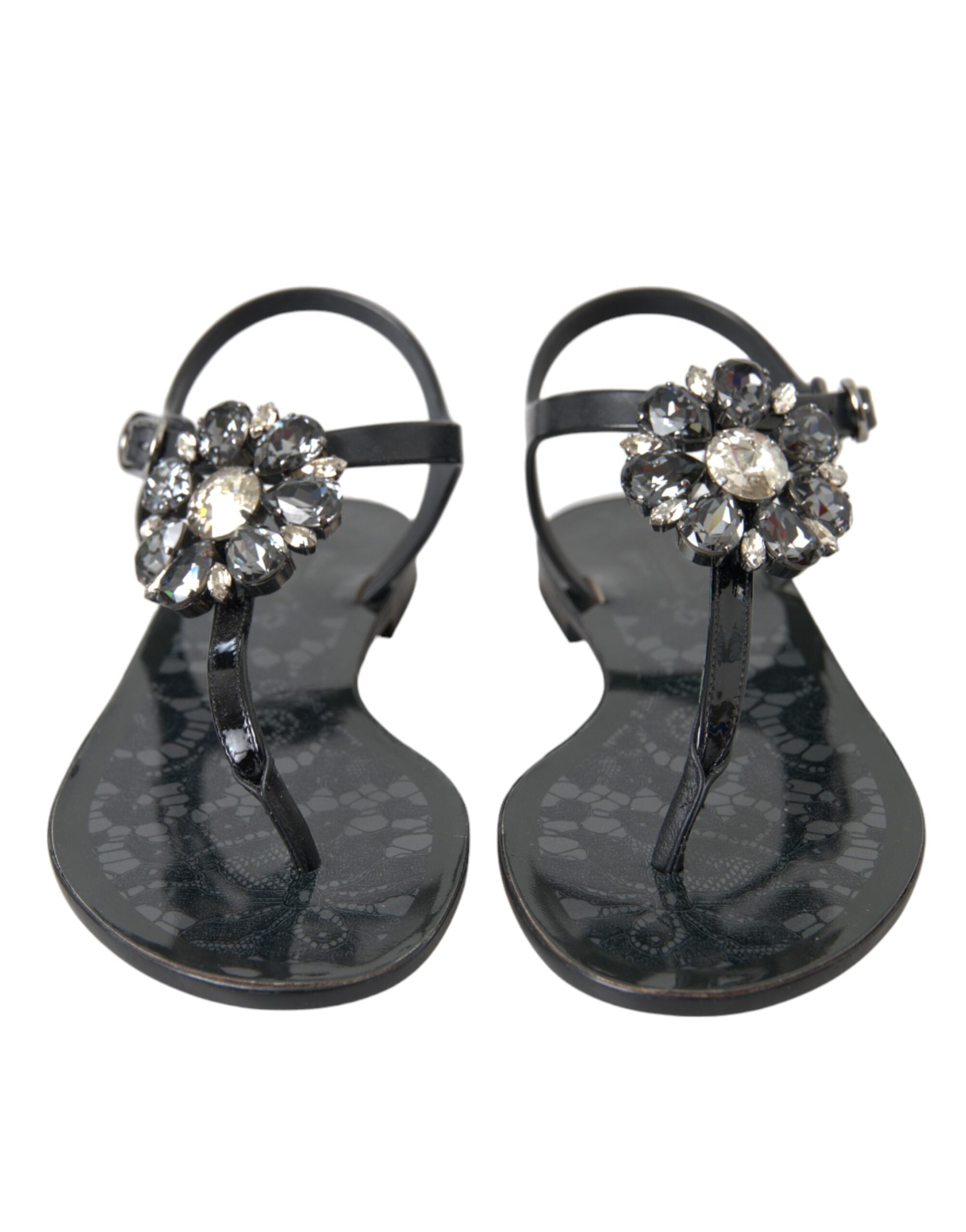 Sandales plates noires Dolce & Gabbana avec cristaux, chaussures d'été élégantes et confortables pour femmes.