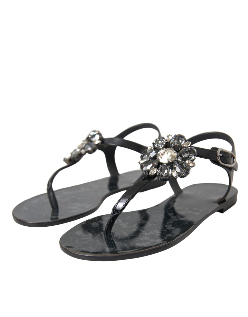 Sandales plates Dolce & Gabbana noires avec cristaux, chaussures ouvertes pour femmes, style élégant et sophistiqué
