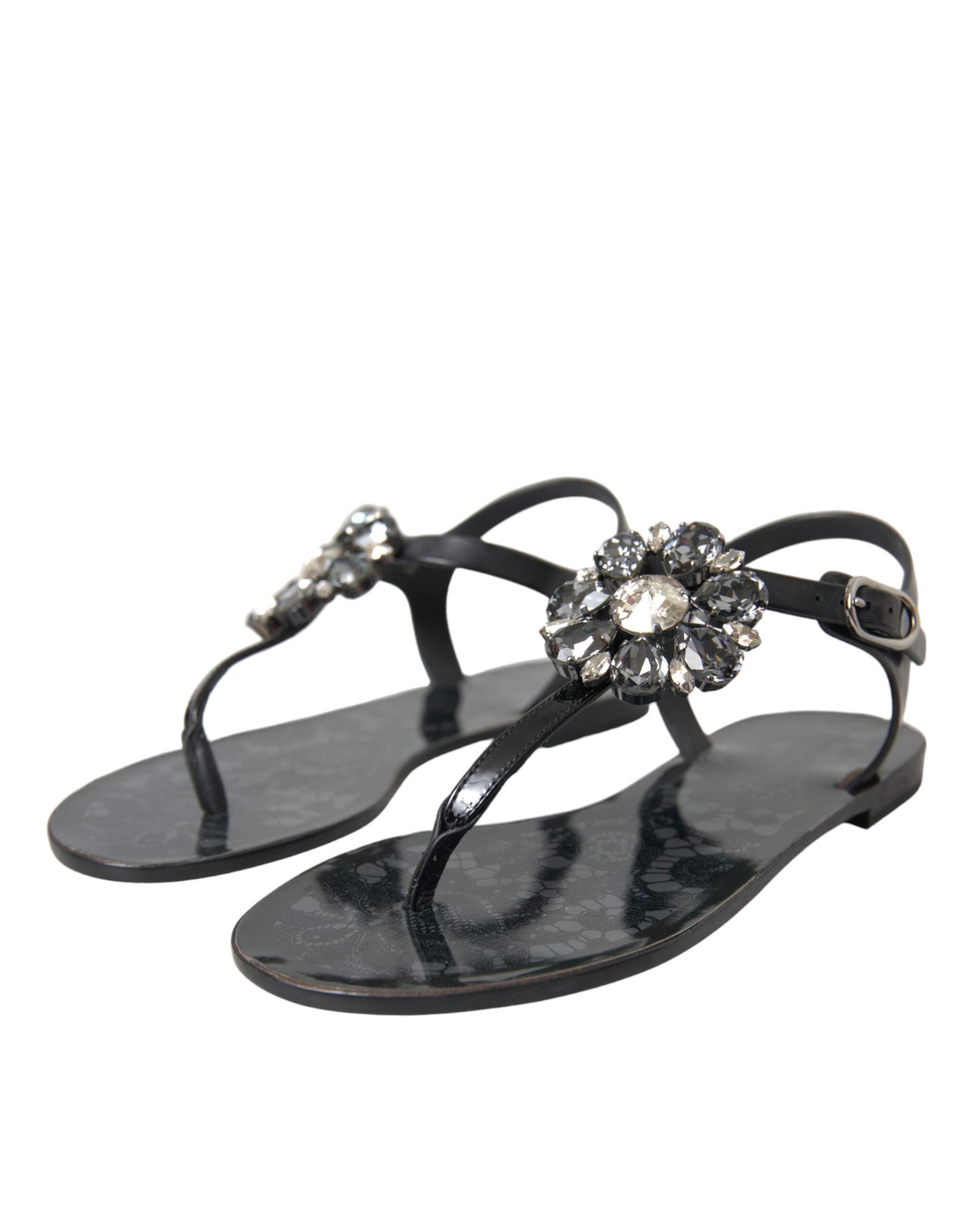 Sandales plates Dolce & Gabbana noires avec cristaux, chaussures ouvertes pour femmes, style élégant et sophistiqué