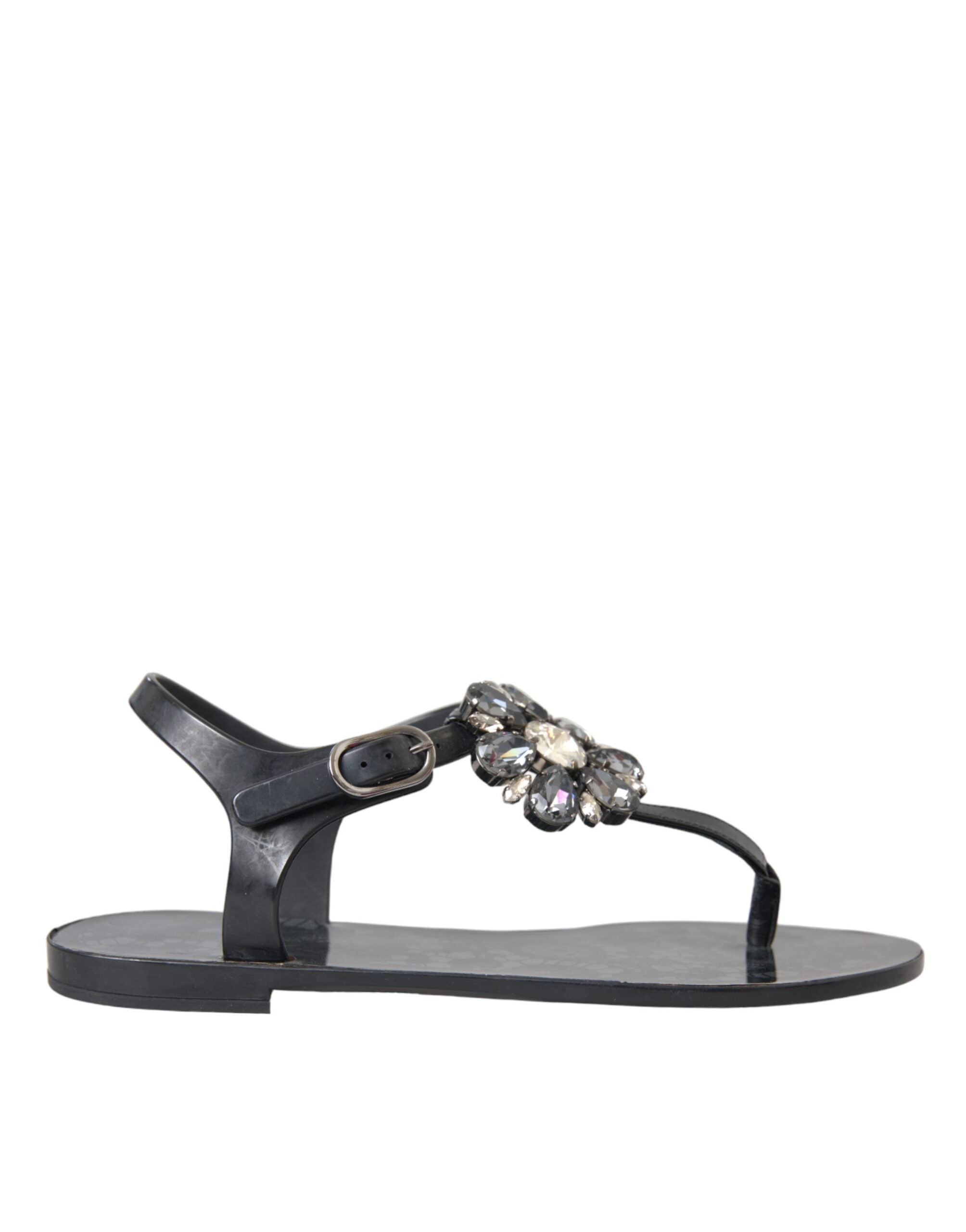 Sandales plates noires Dolce & Gabbana en cristal, chaussures de plage élégantes avec brides confortables.