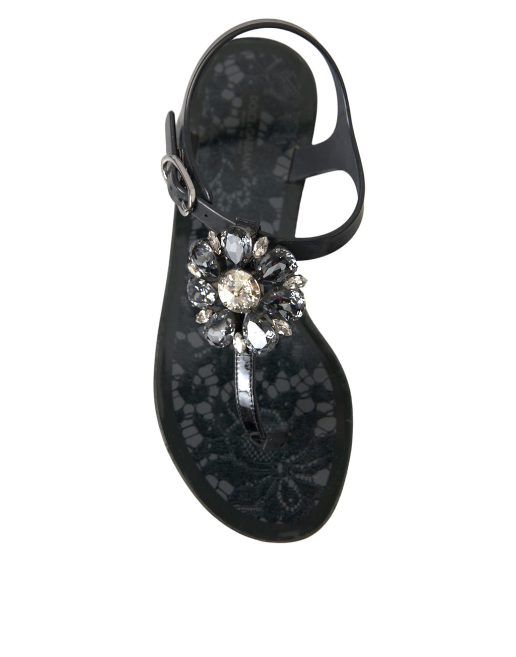 Sandales plates noires Dolce & Gabbana avec cristaux, chaussures élégantes et confortables pour un style sophistiqué.