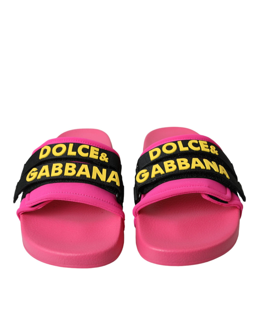 Sandales plates Dolce & Gabbana logo rose et noire, chaussures de plage élégantes avec design moderne et confortable.