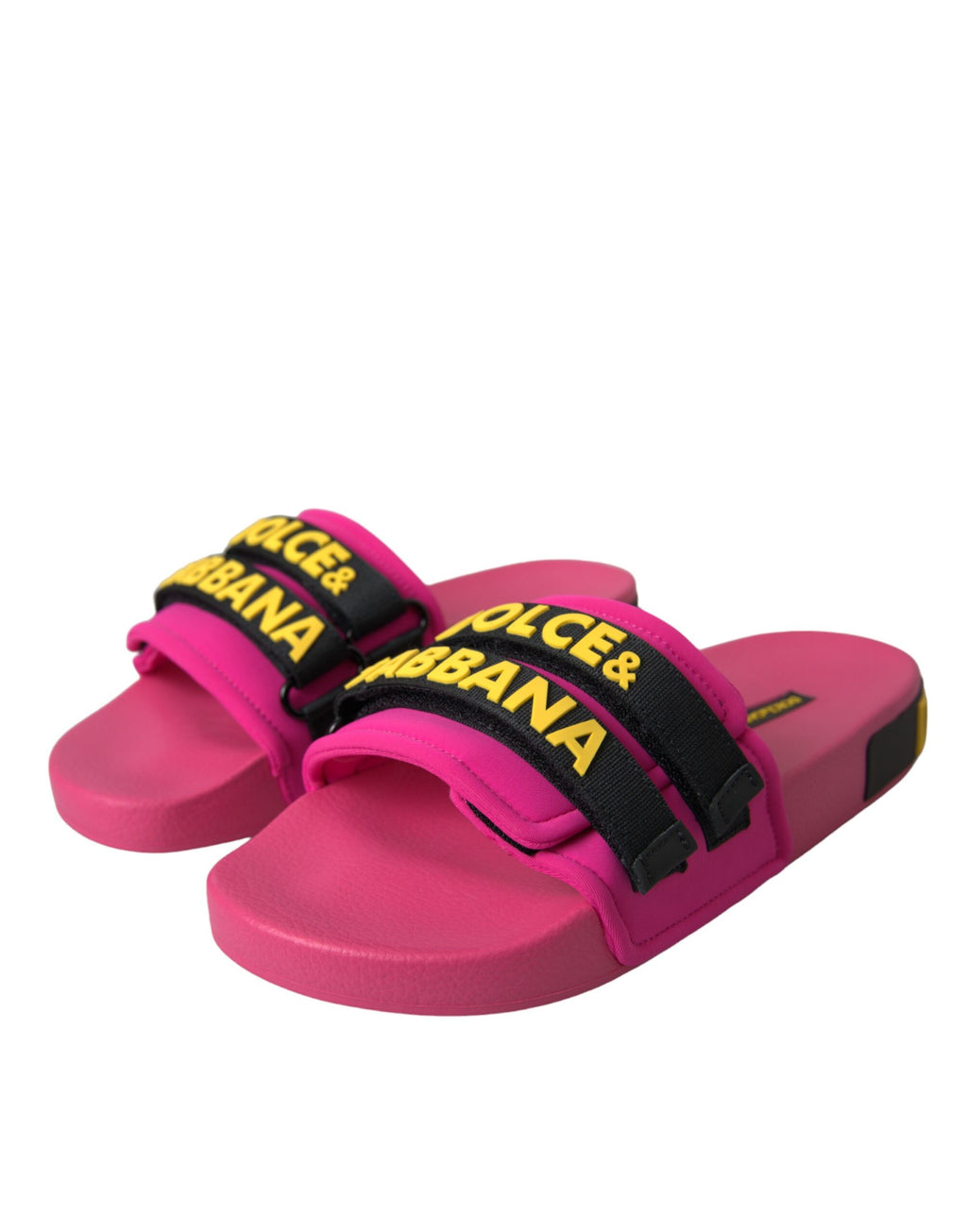 Sandales plates Dolce & Gabbana logo rose et noir, chaussures d'été élégantes, style plage, vue de dessus.