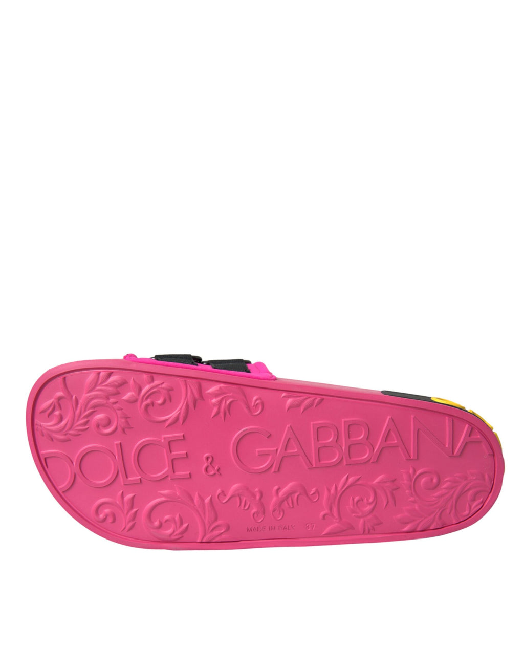 Sandales plates Dolce & Gabbana logo rose et noires pour plage, chaussures élégantes et confortables.