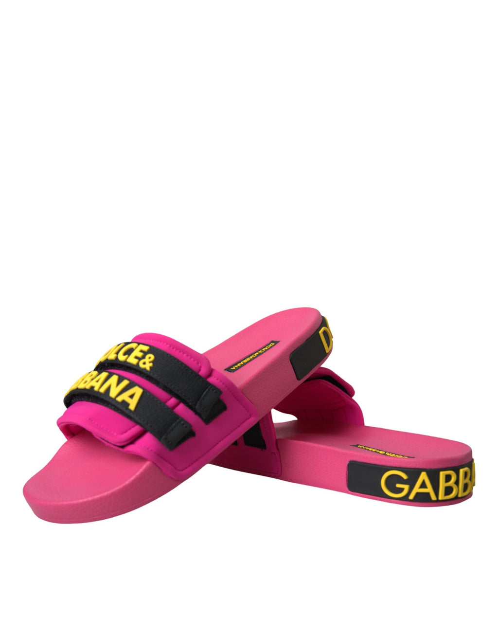 Sandales plates Dolce & Gabbana logo rose et noires, chaussures d'été élégantes pour la plage.