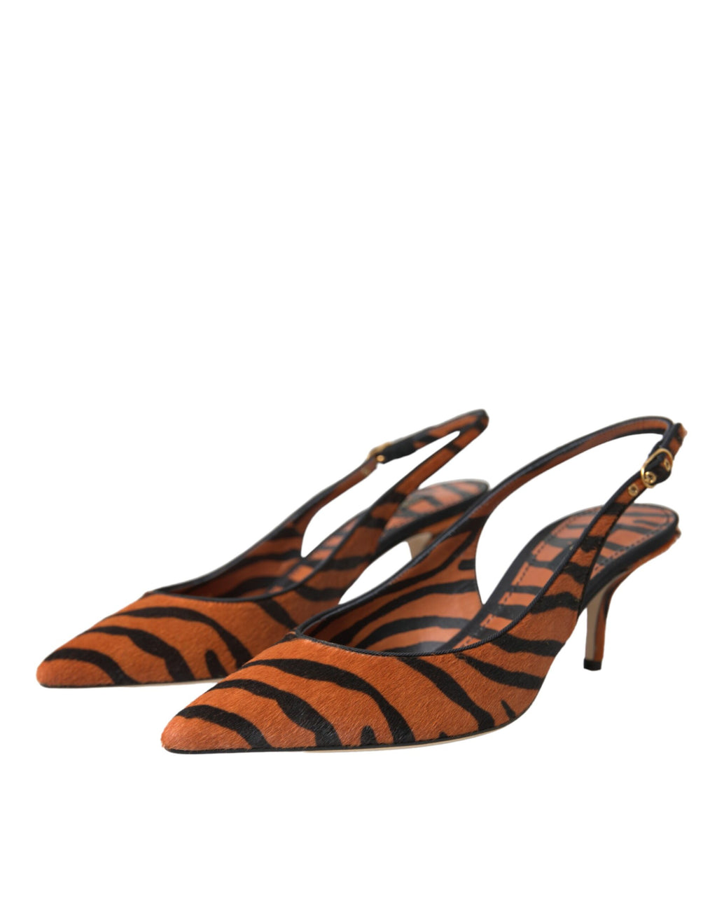 Chaussures à talons Dolce & Gabbana en cuir noir orange à motif zèbre, sandales à lanières élégantes pour femmes.