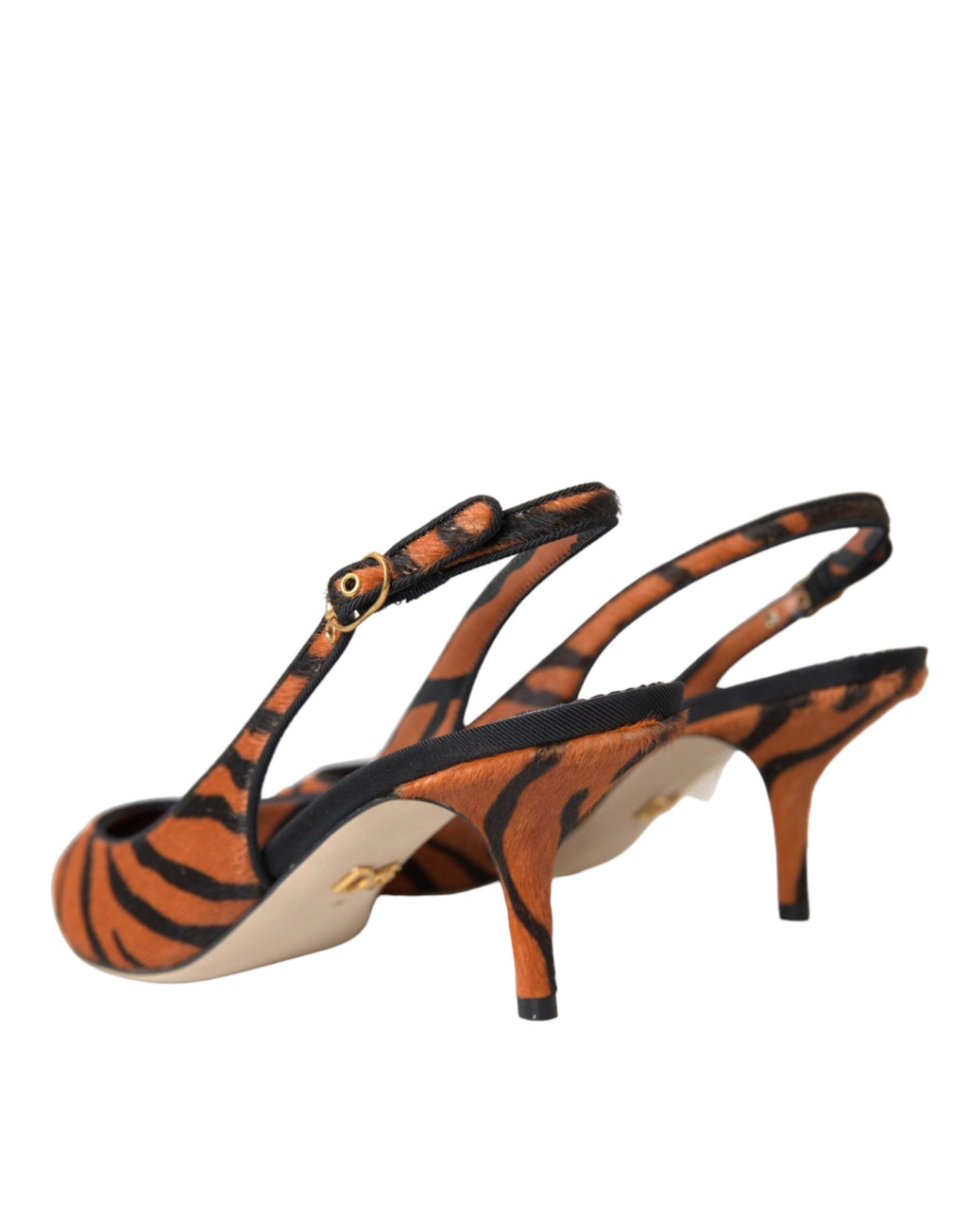 Chaussures à talons Dolce & Gabbana en cuir noir, orange et zèbre, sandales slingbacks élégantes avec motifs animalier.