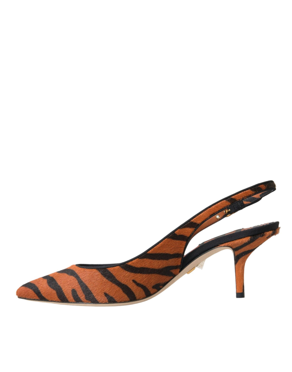 Chaussures à talons Dolce & Gabbana en cuir noir, orange et zèbre, slingbacks élégants et ornés de motifs animaliers.