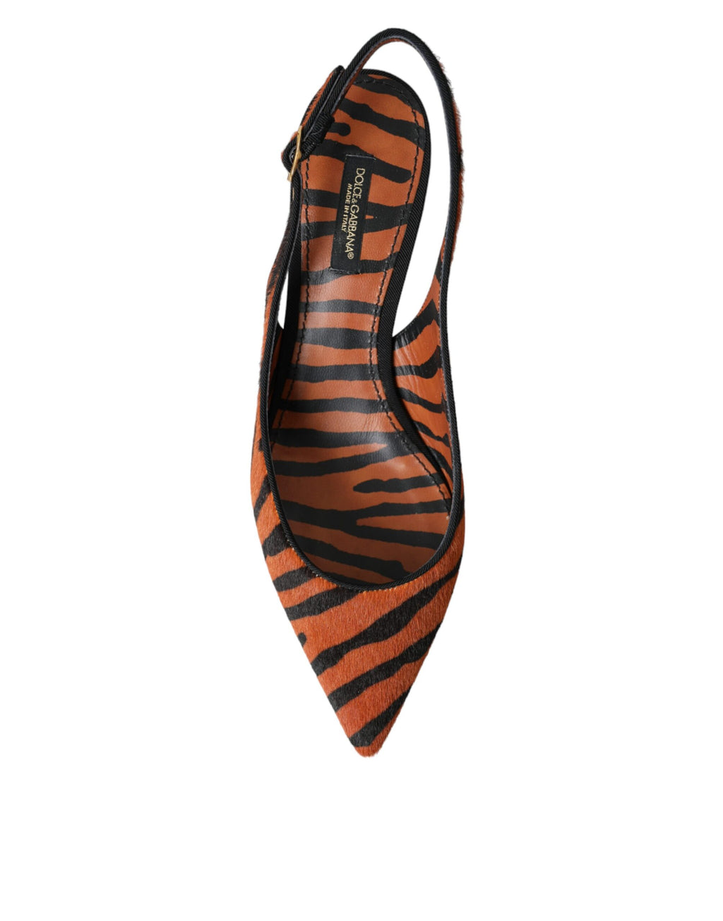 Chaussures à talons Dolce & Gabbana, slingbacks noires et orange avec motif zèbre en cuir.