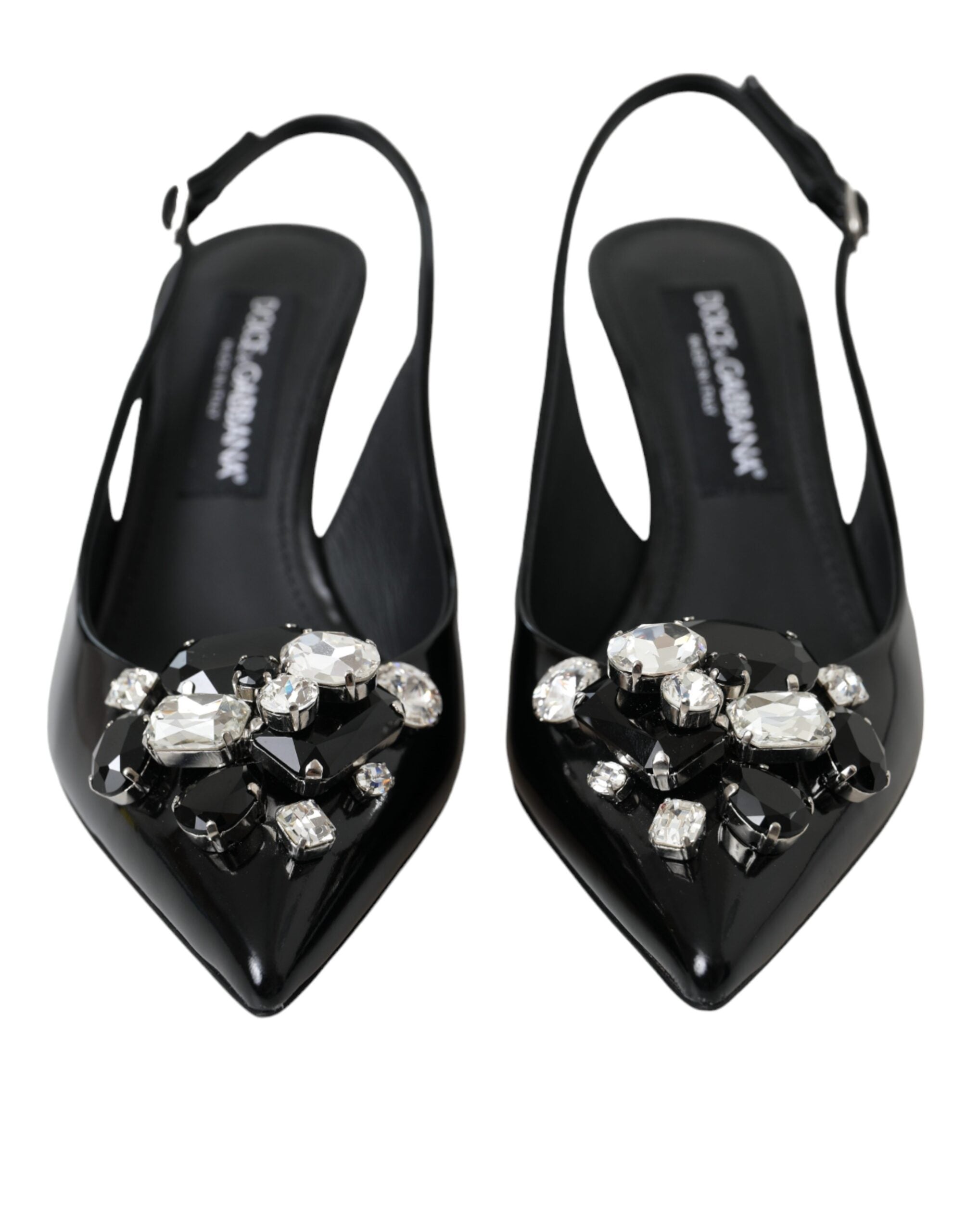 Chaussures à talons en cuir verni noir Dolce & Gabbana avec cristaux, sandales slingback élégantes.