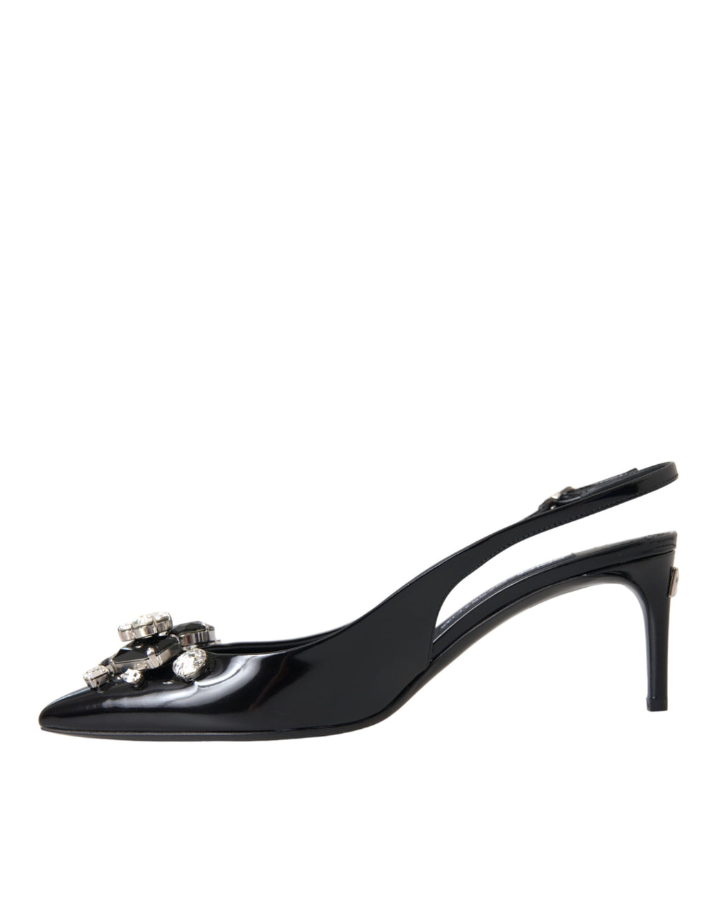 Chaussures à talons Dolce & Gabbana en cuir verni noir avec cristaux, style slingback élégant.