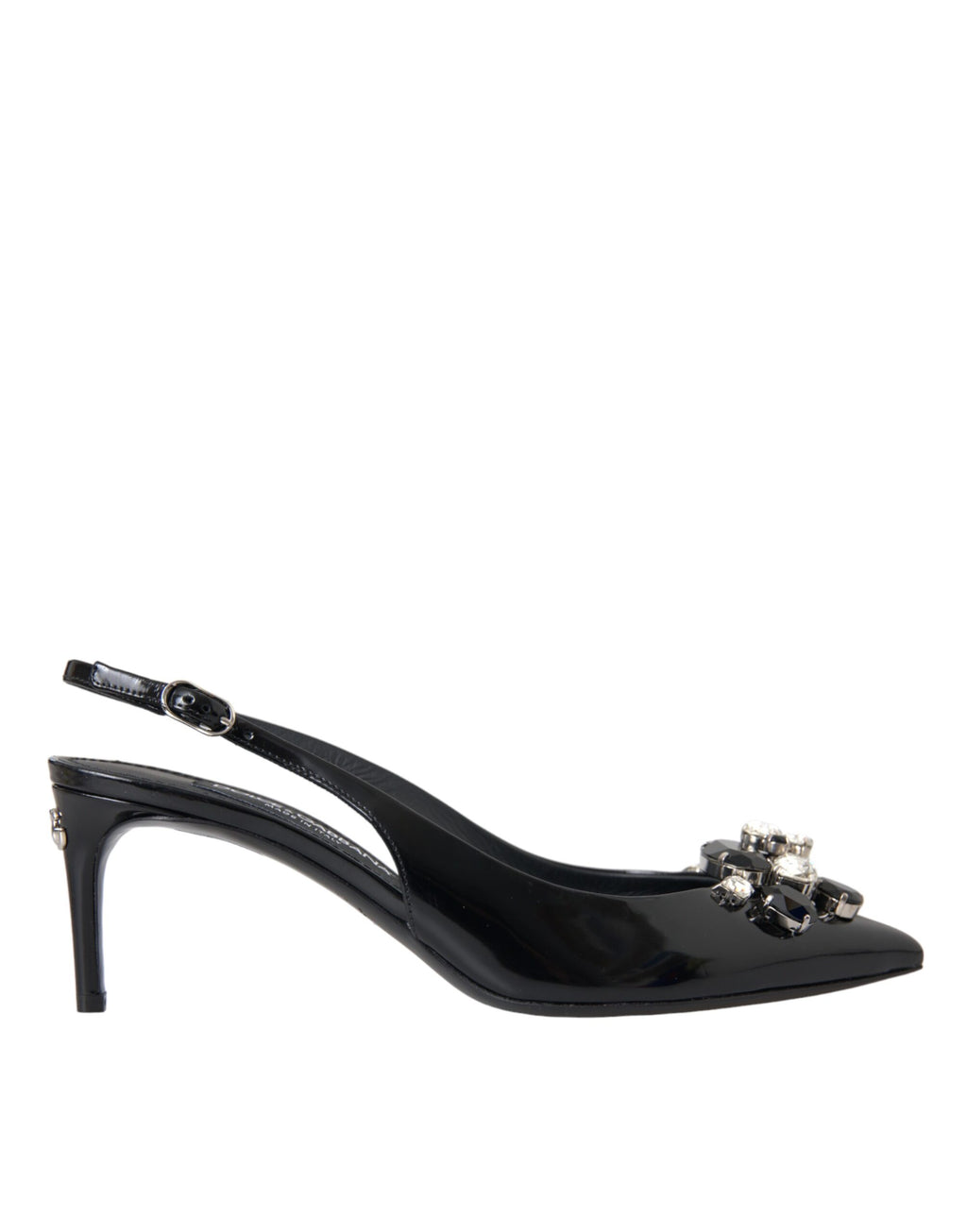 Chaussures à talons Dolce & Gabbana en cuir verni noir avec cristaux, sandales à talons élégantes et sophistiquées.