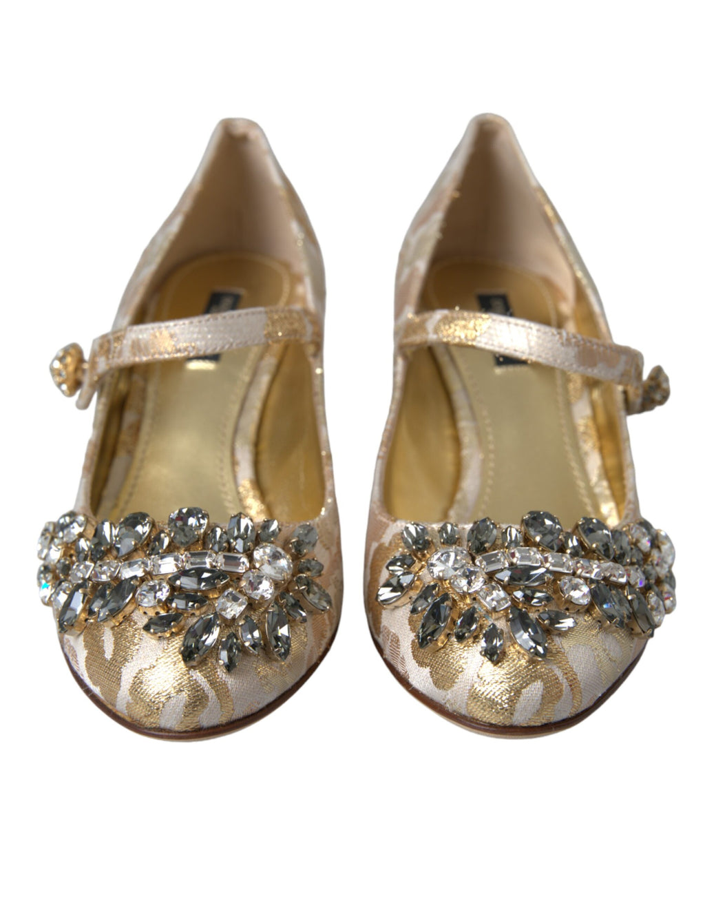 Chaussures à talons Dolce & Gabbana en jacquard doré avec cristaux, modèle Mary Jane, style élégant et sophistiqué.
