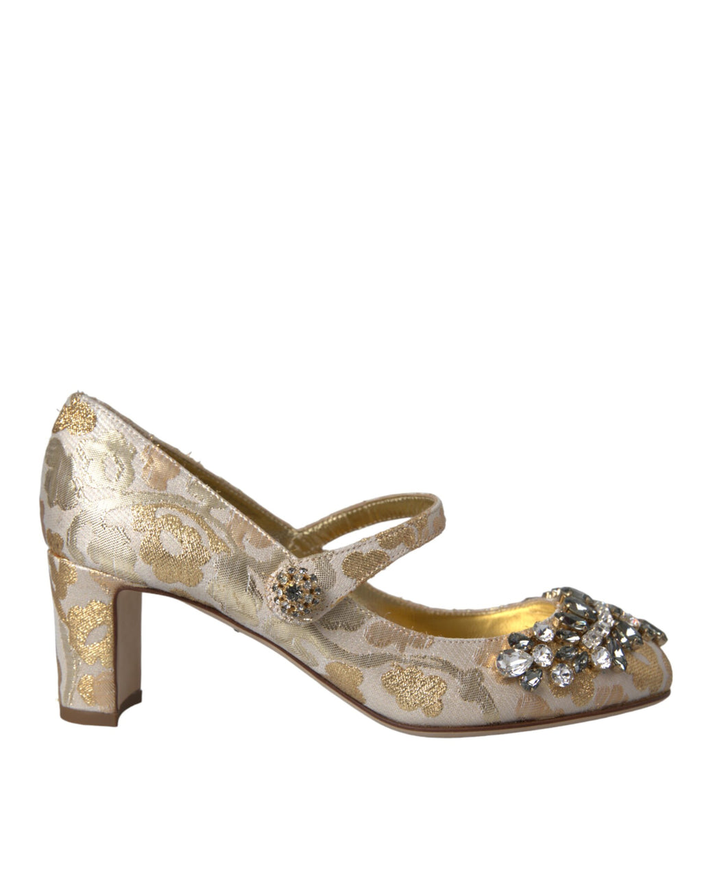 Chaussures Dolce & Gabbana Mary Janes en jacquard doré avec cristaux, élégantes et sophistiquées.