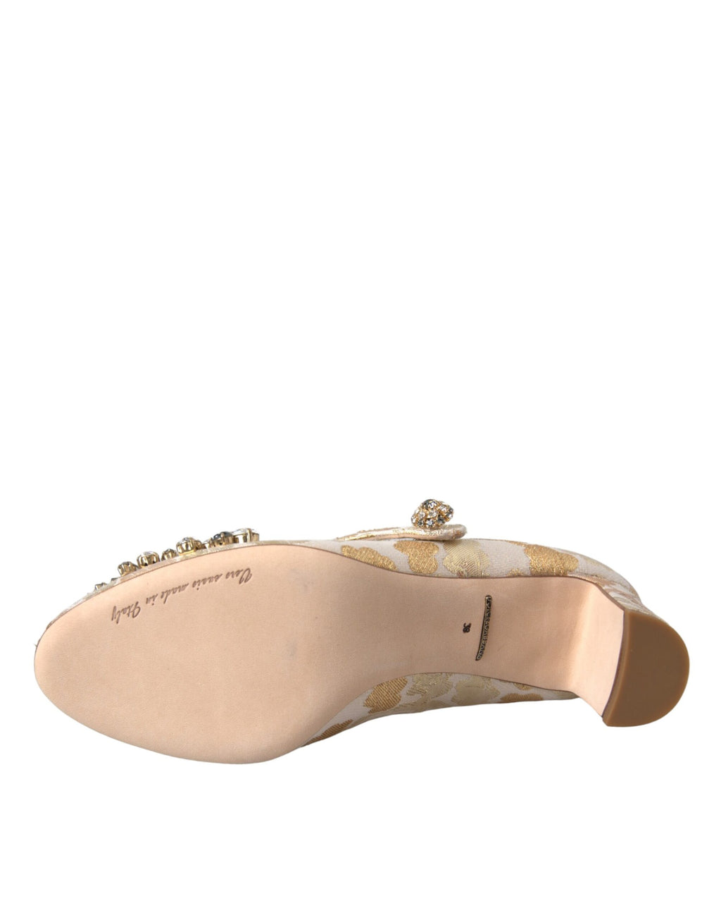 Chaussures Dolce & Gabbana Mary Janes en jacquard doré avec cristaux, style élégant et sophistiqué.