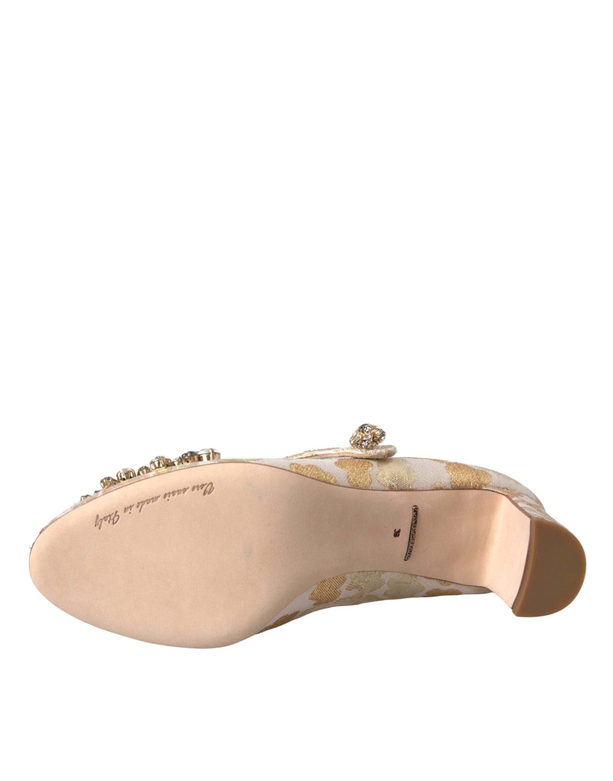 Chaussures Dolce & Gabbana Mary Janes en jacquard doré avec cristaux, style élégant et sophistiqué.