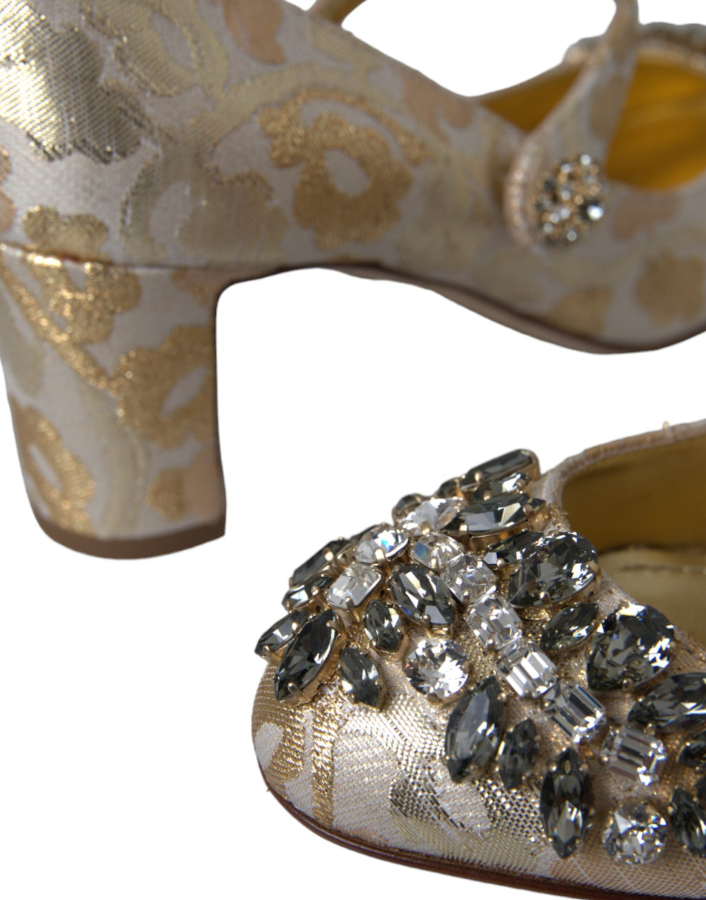 Chaussures Dolce & Gabbana Mary Janes en jacquard doré avec cristaux, élégantes et sophistiquées.