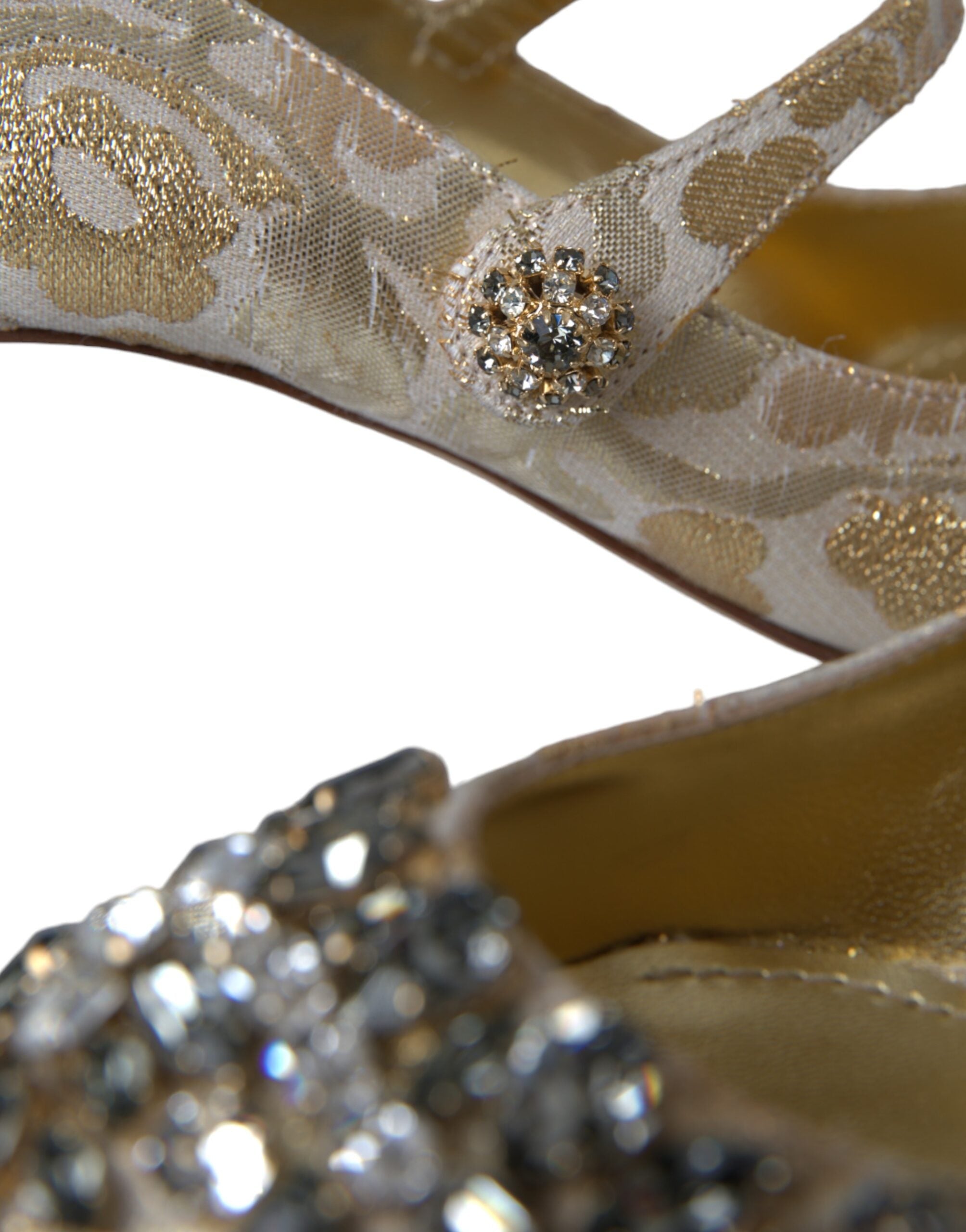 Chaussures Dolce & Gabbana Mary Janes en jacquard doré avec cristaux, élégantes et sophistiquées.